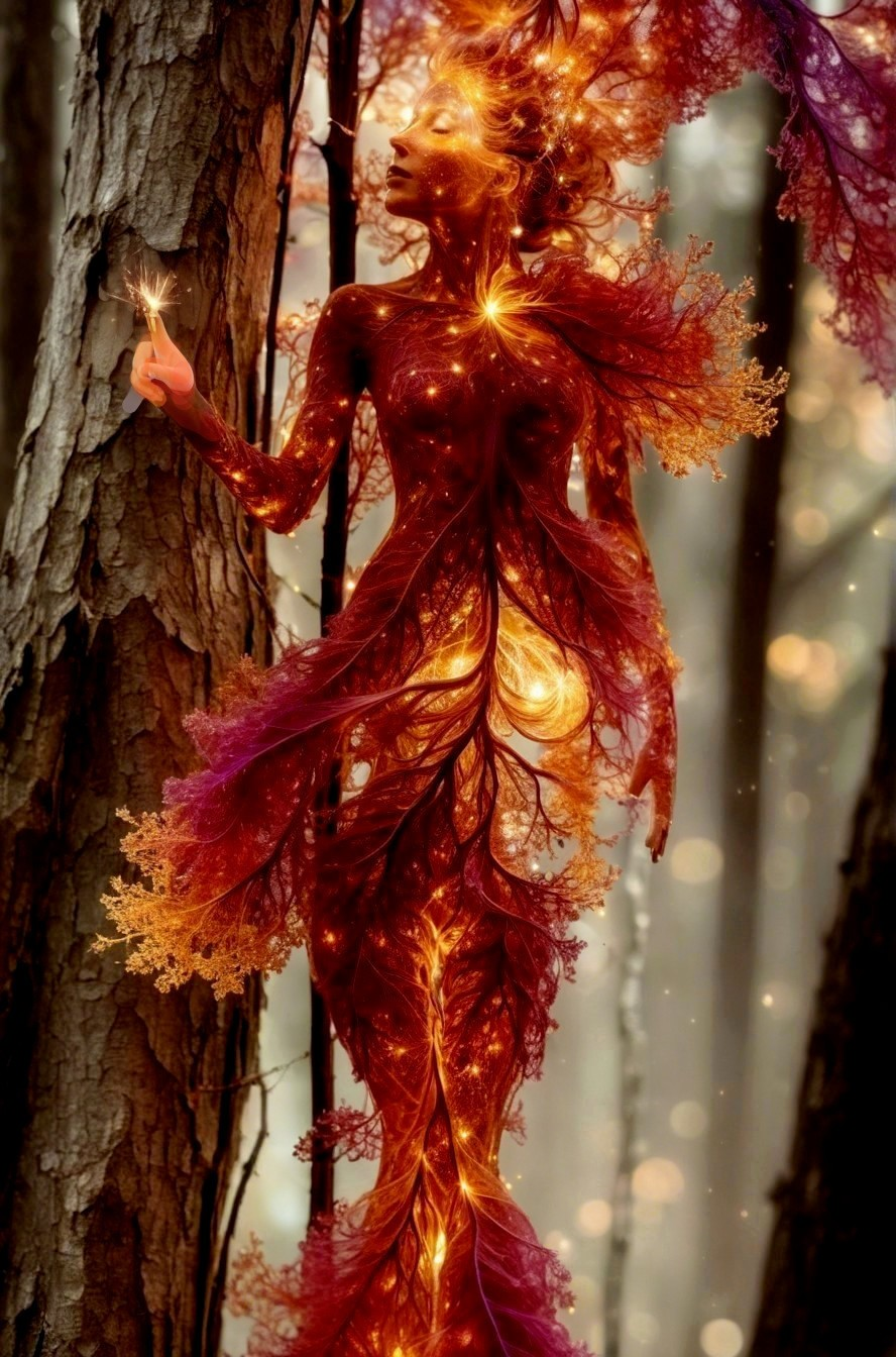 Tree Spirit Figure in Glowing Forest Setting