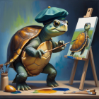 Whimsical Turtle Painting in Serene Landscape