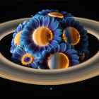 Surreal Cosmic Scene with Vibrant Blue Flowers