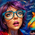 Young woman with purple hair and blue glasses in fantasy scene