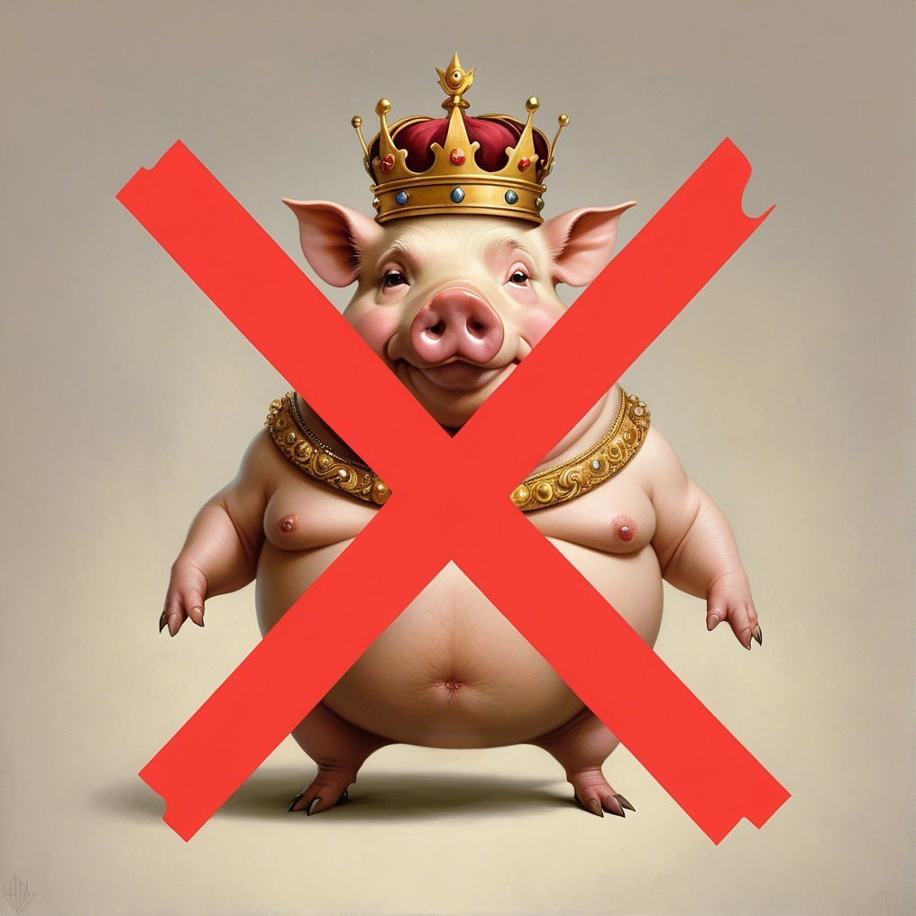 Cartoon Pig in Crown with Bold Red "X" Overlay