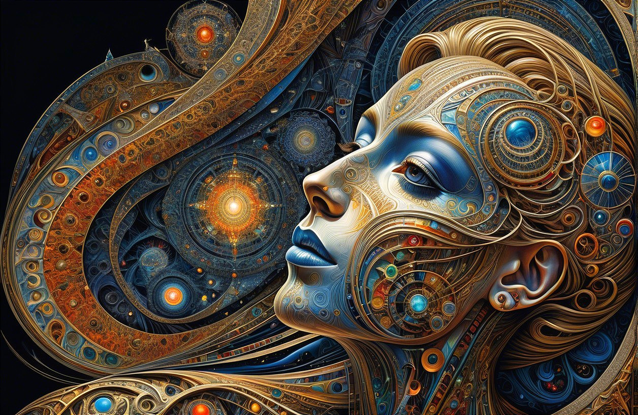 Portrait of a Woman with Cosmic Patterns and Hues