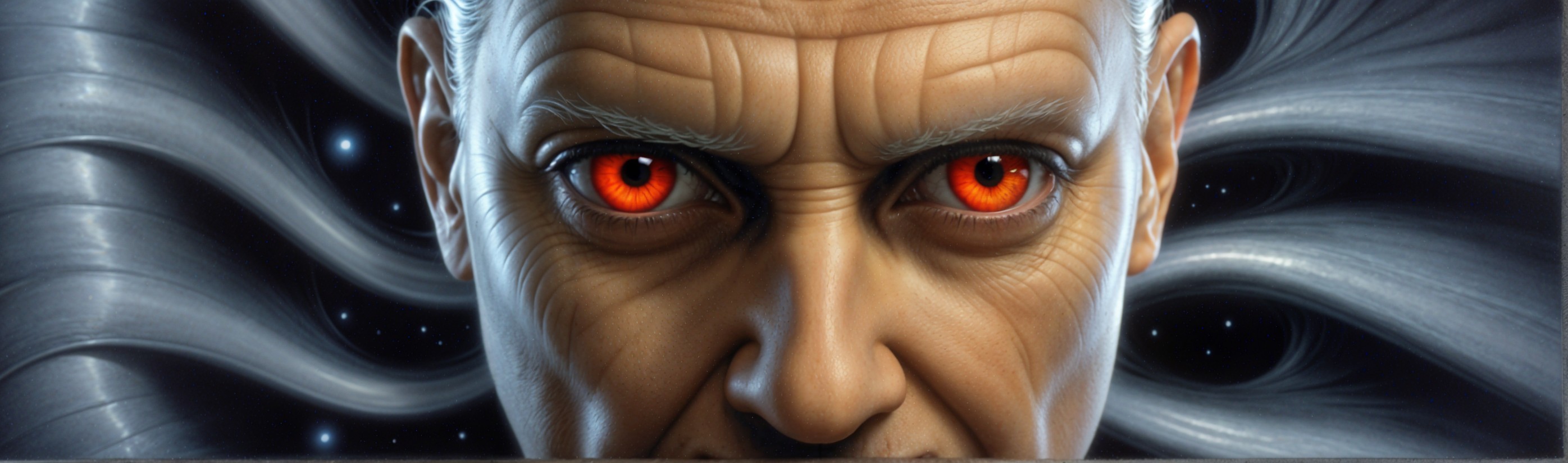 Close-up of a male face with glowing red eyes