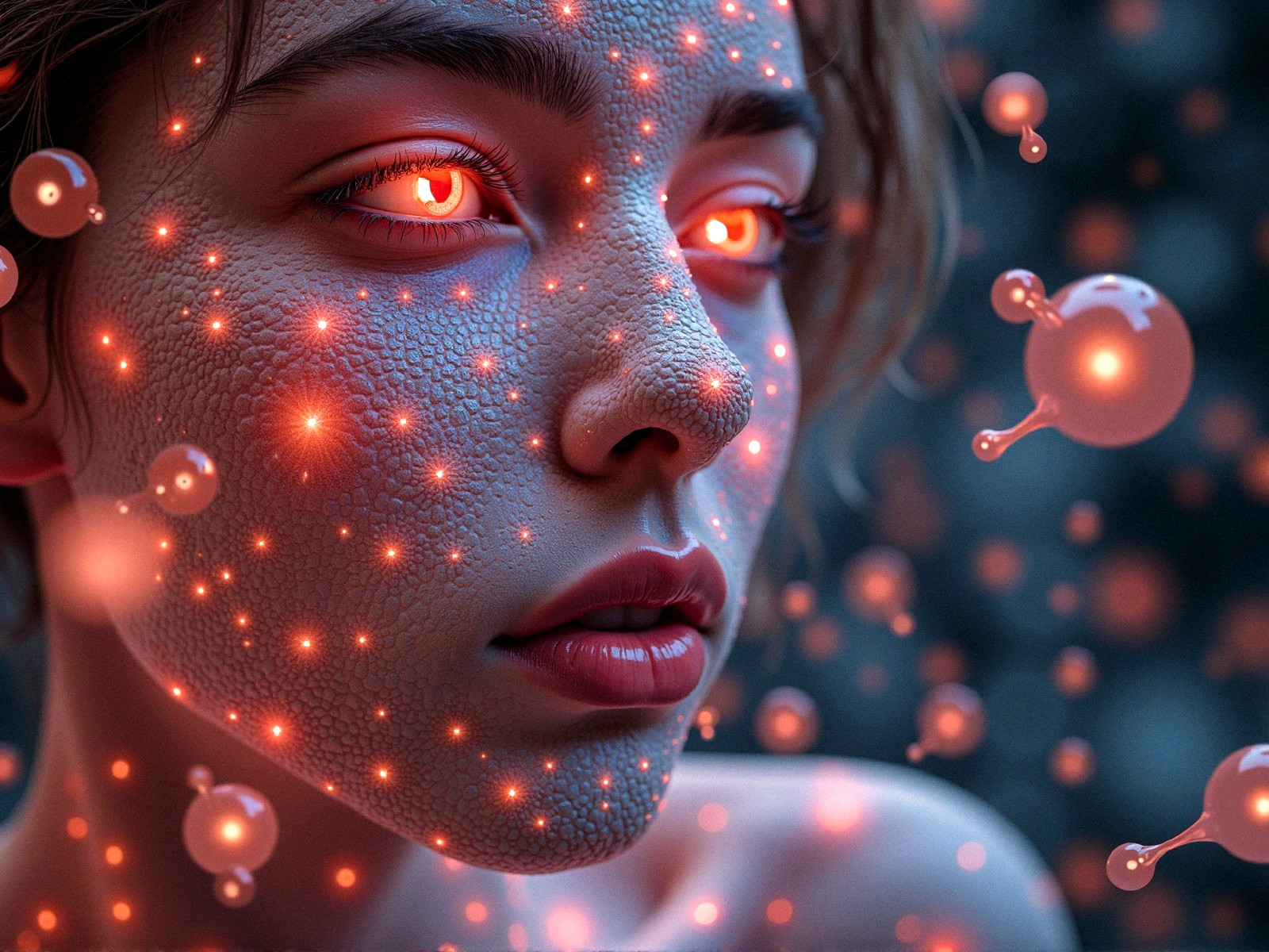 Close-Up Portrait with Luminous Eyes and Abstract Shapes