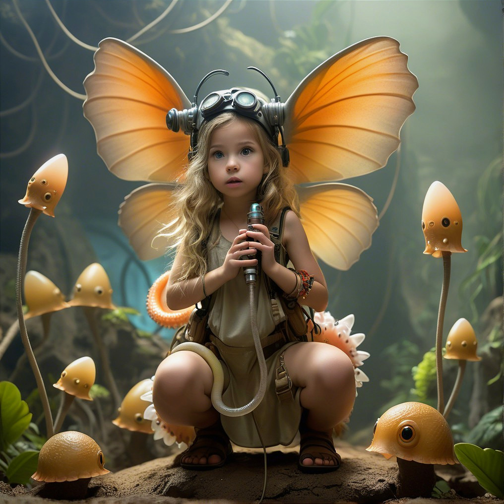 Whimsical Forest Scene with Girl and Glowing Mushrooms