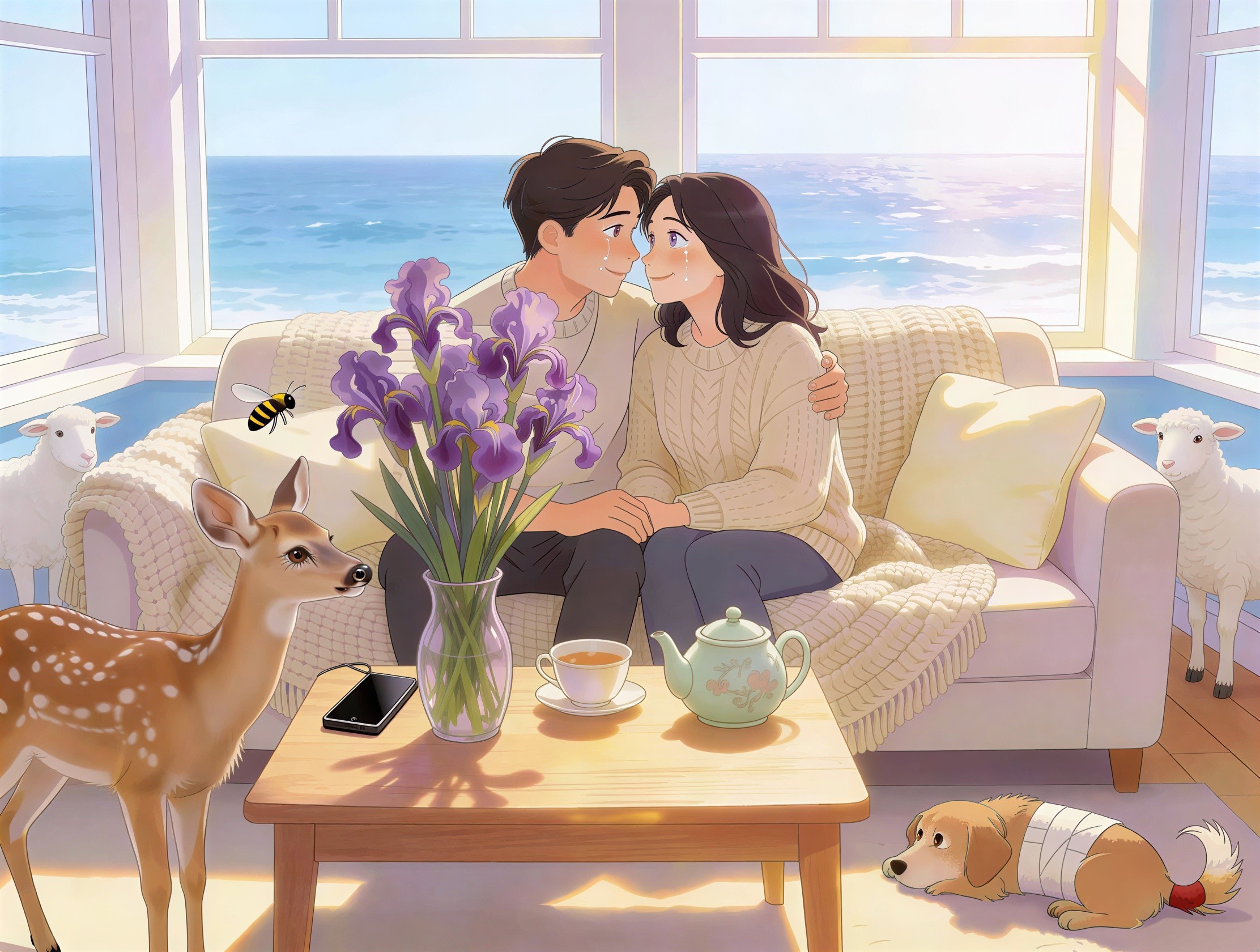Cozy Couple Illustration on Sofa by the Ocean