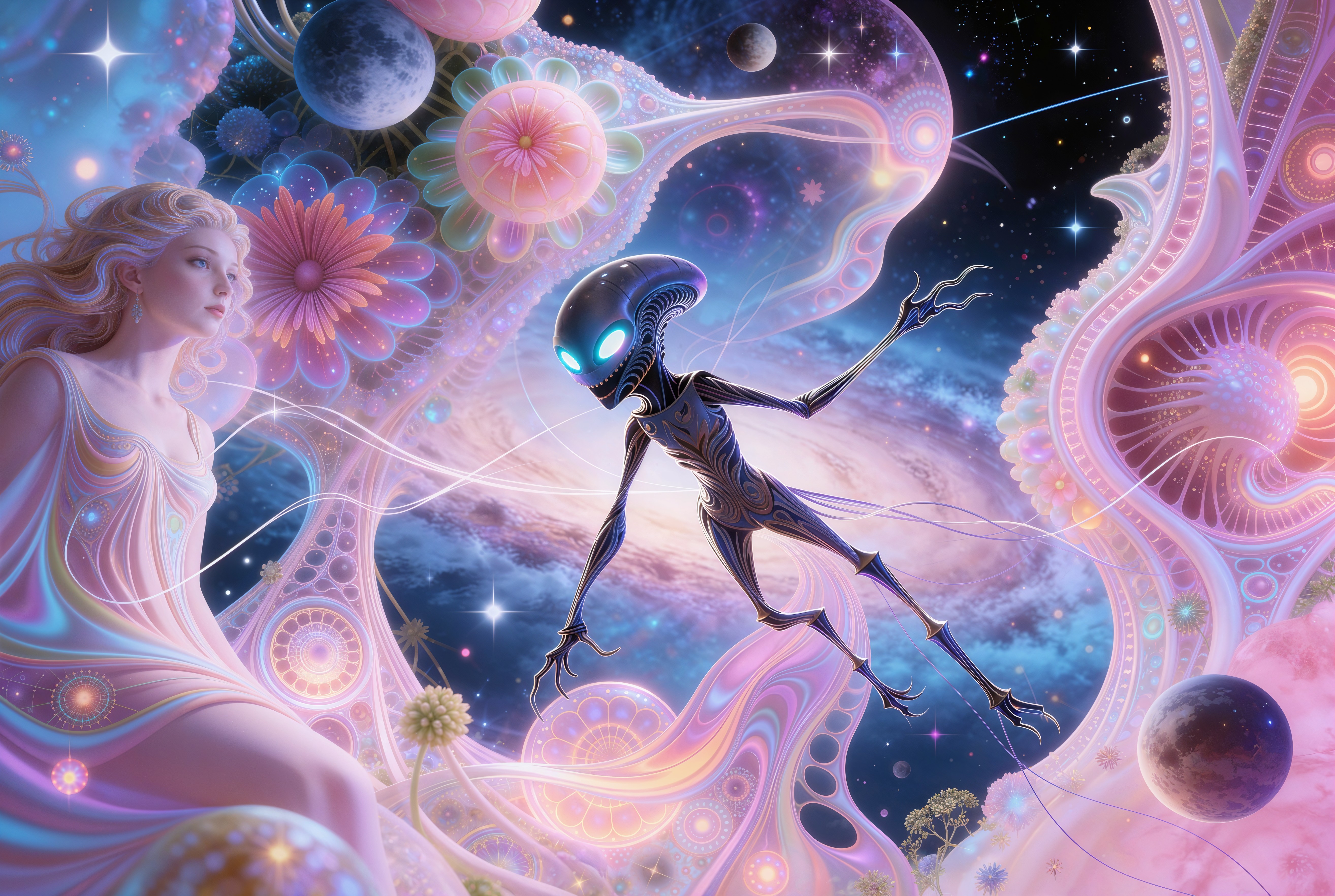 Psychedelic Digital Painting of a Woman in a Cosmic Landscape