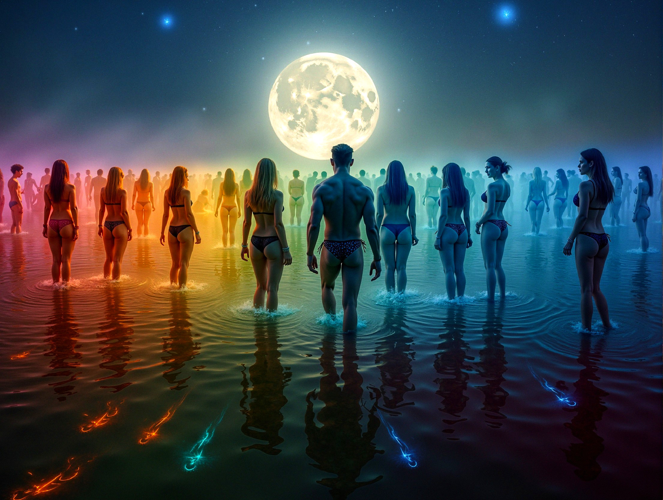 Surreal Night Scene of People Wading Under Moonlight
