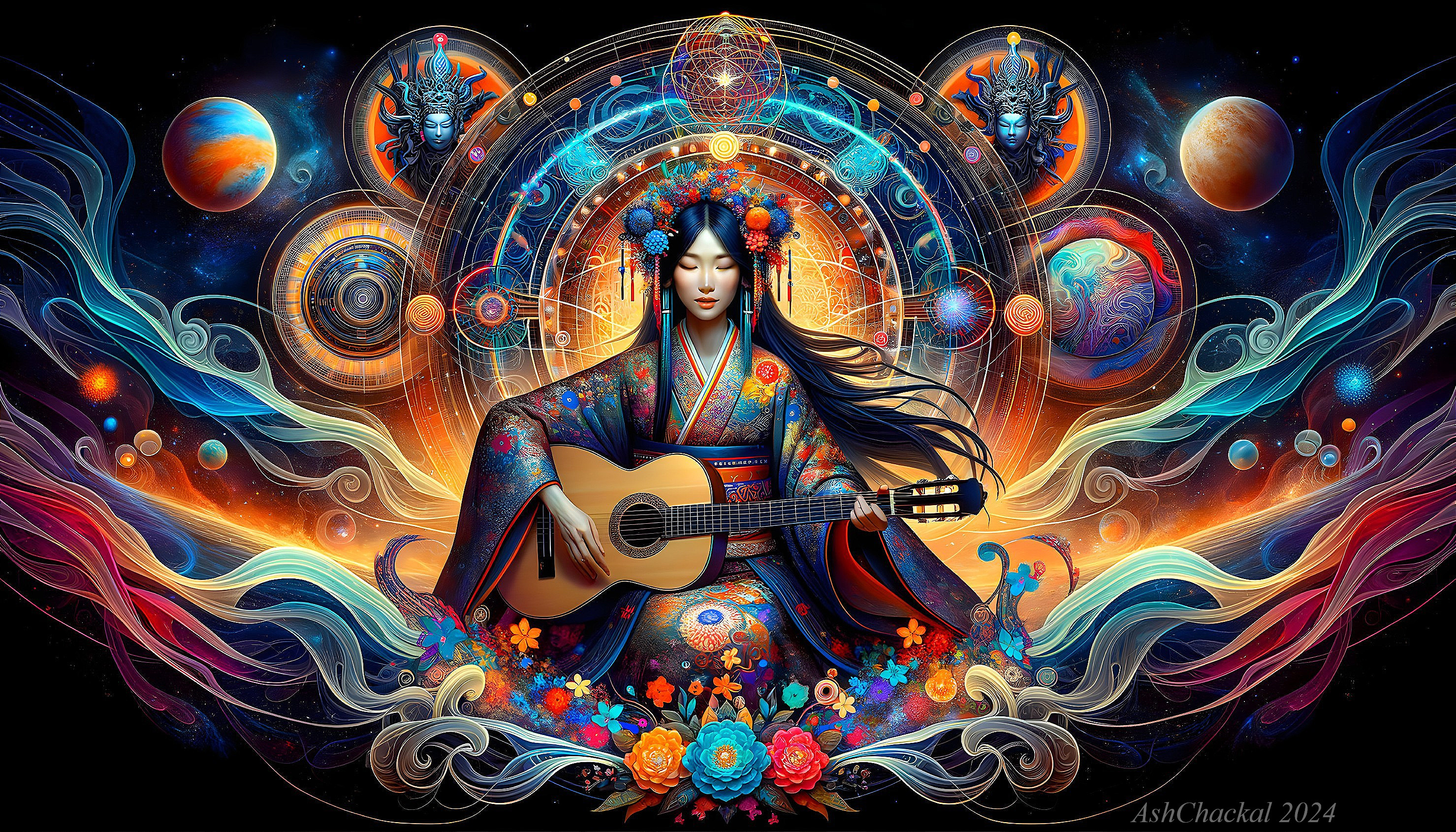 Guitarist in Cosmic Setting with Vibrant Colors