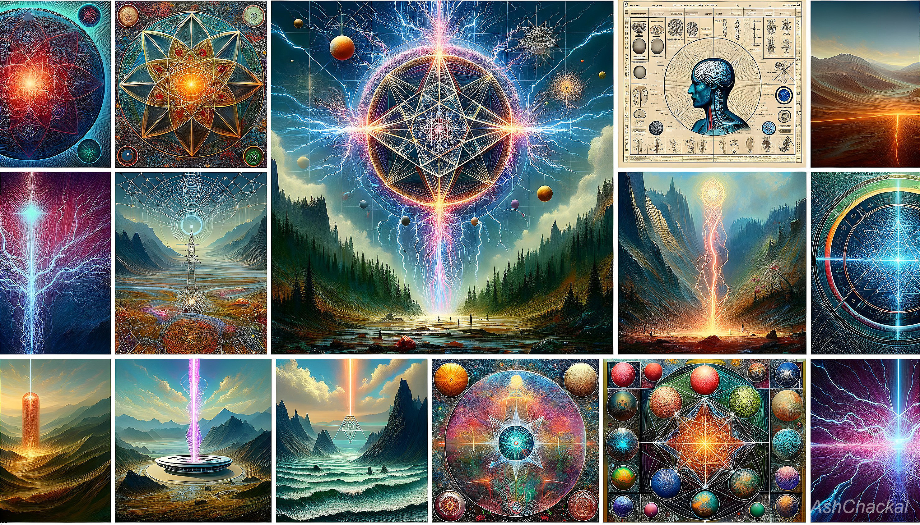 Twelve vibrant mystical digital artworks: geometric patterns, cosmic landscapes, energy themes