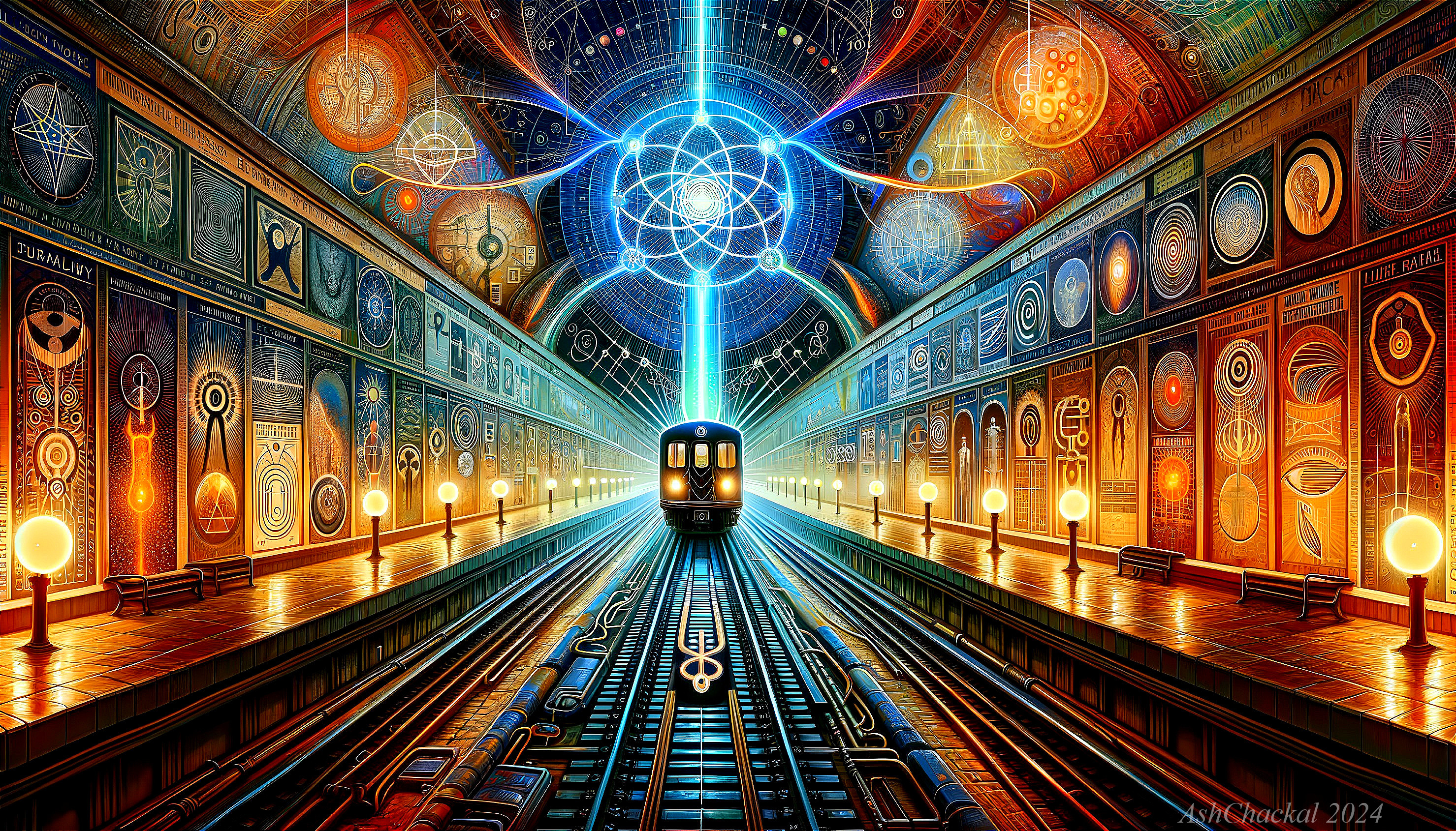 Vibrant Subway Station with Cosmic Murals and Light
