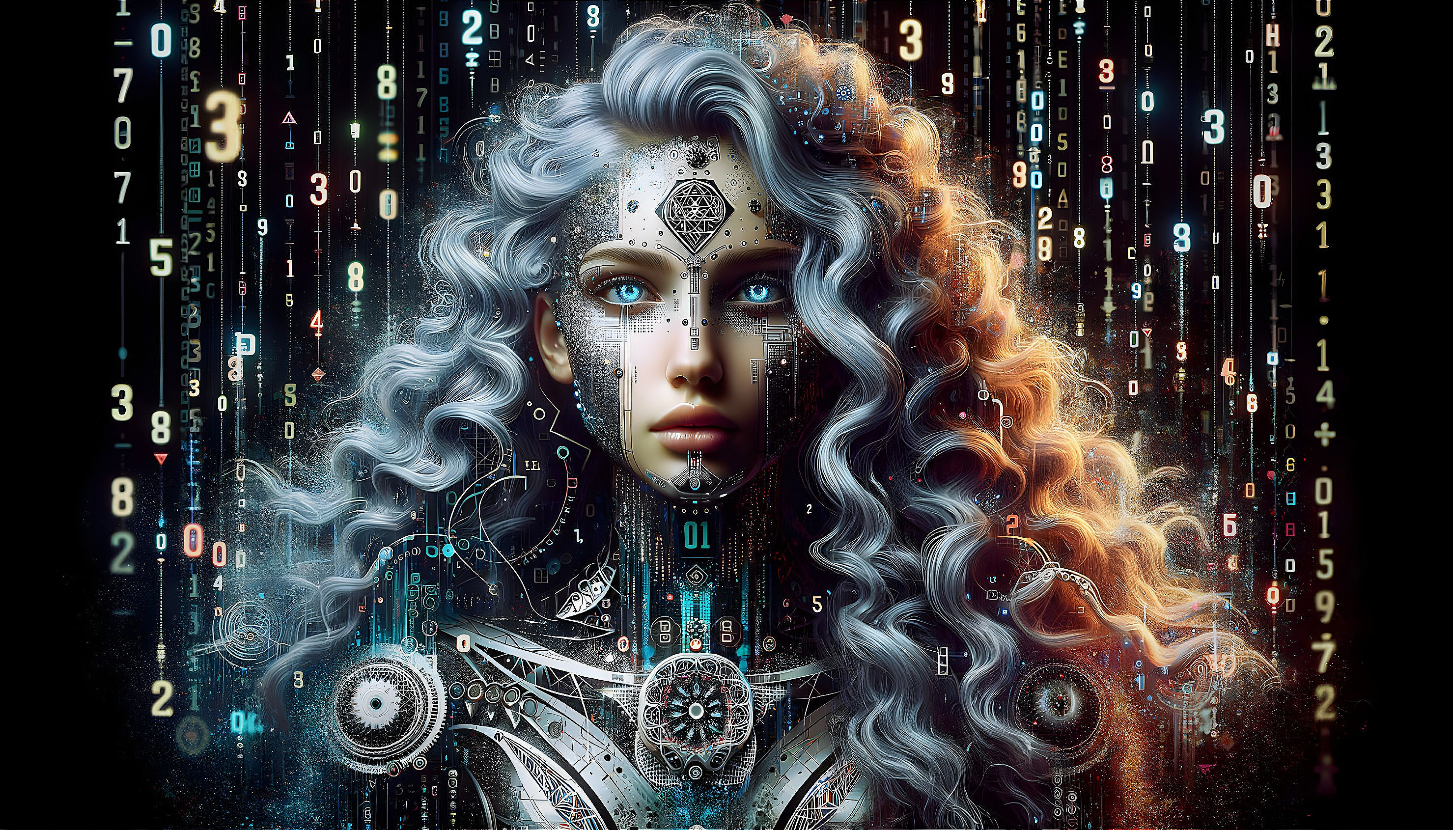 Cyborg Woman with Circuitry and Digital Code Background