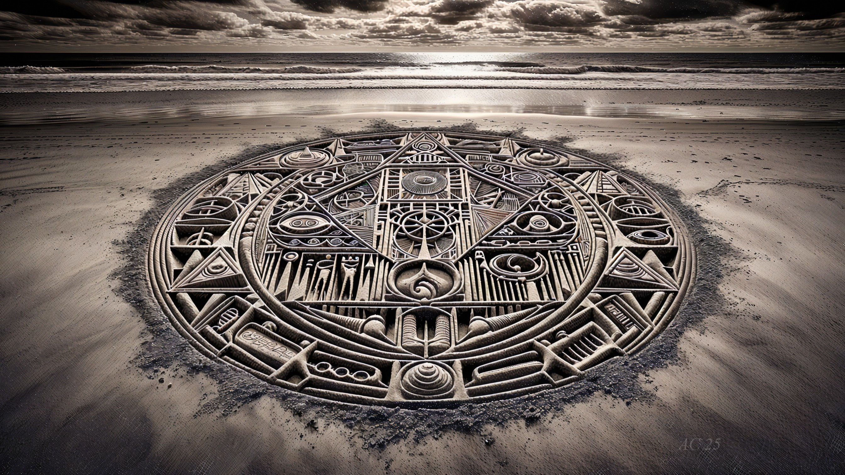 Sand Mandala on Beach with Ocean Waves and Clouds