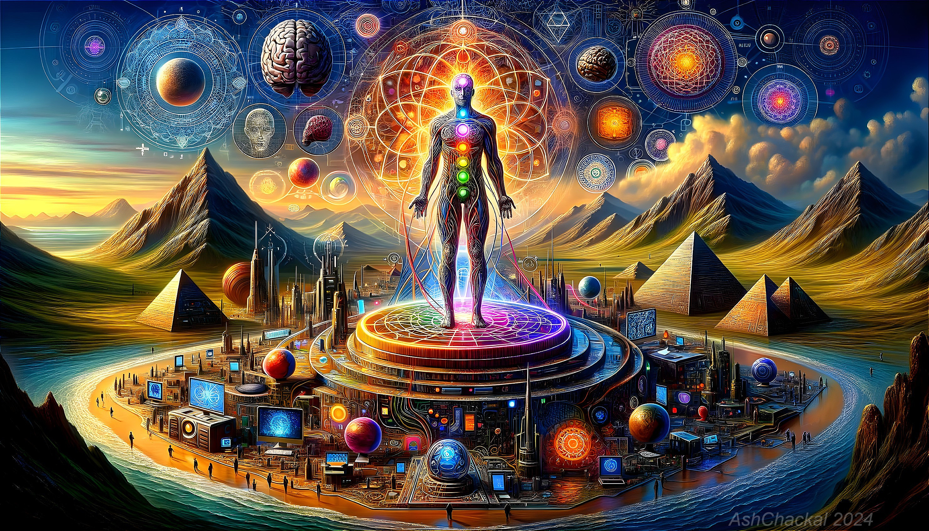 Futuristic city digital art with cosmic background elements