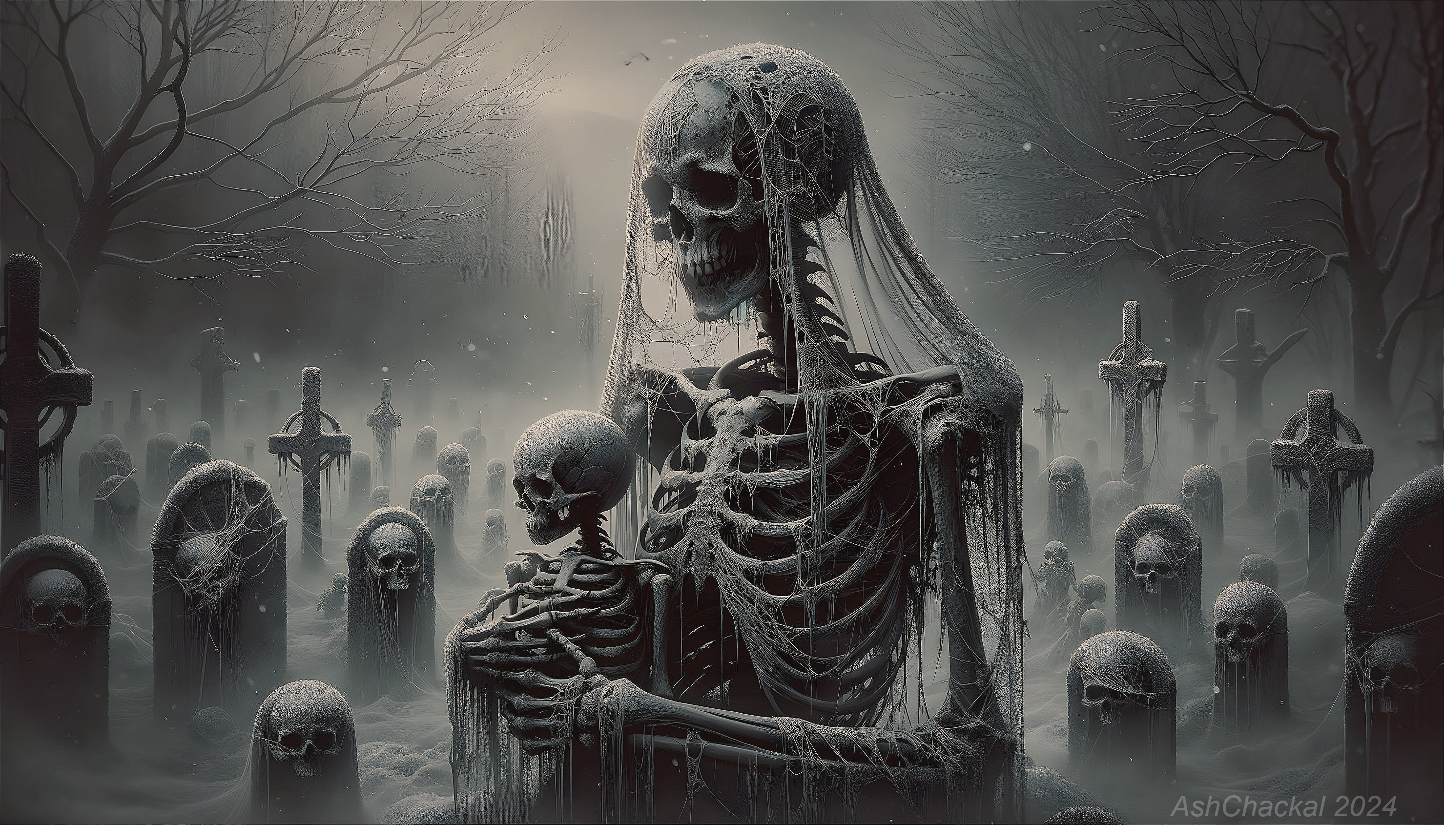 Large skeletal figure in foggy graveyard with tombstones and skulls - eerie gothic scene