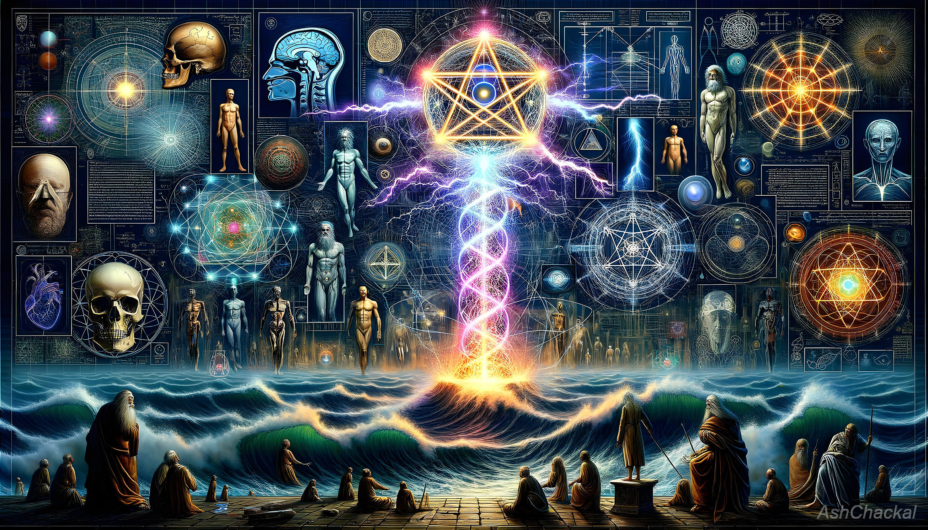 Digital artwork: Mystical and scientific themes, figures in robes, lightning, celestial and anatomical diagrams