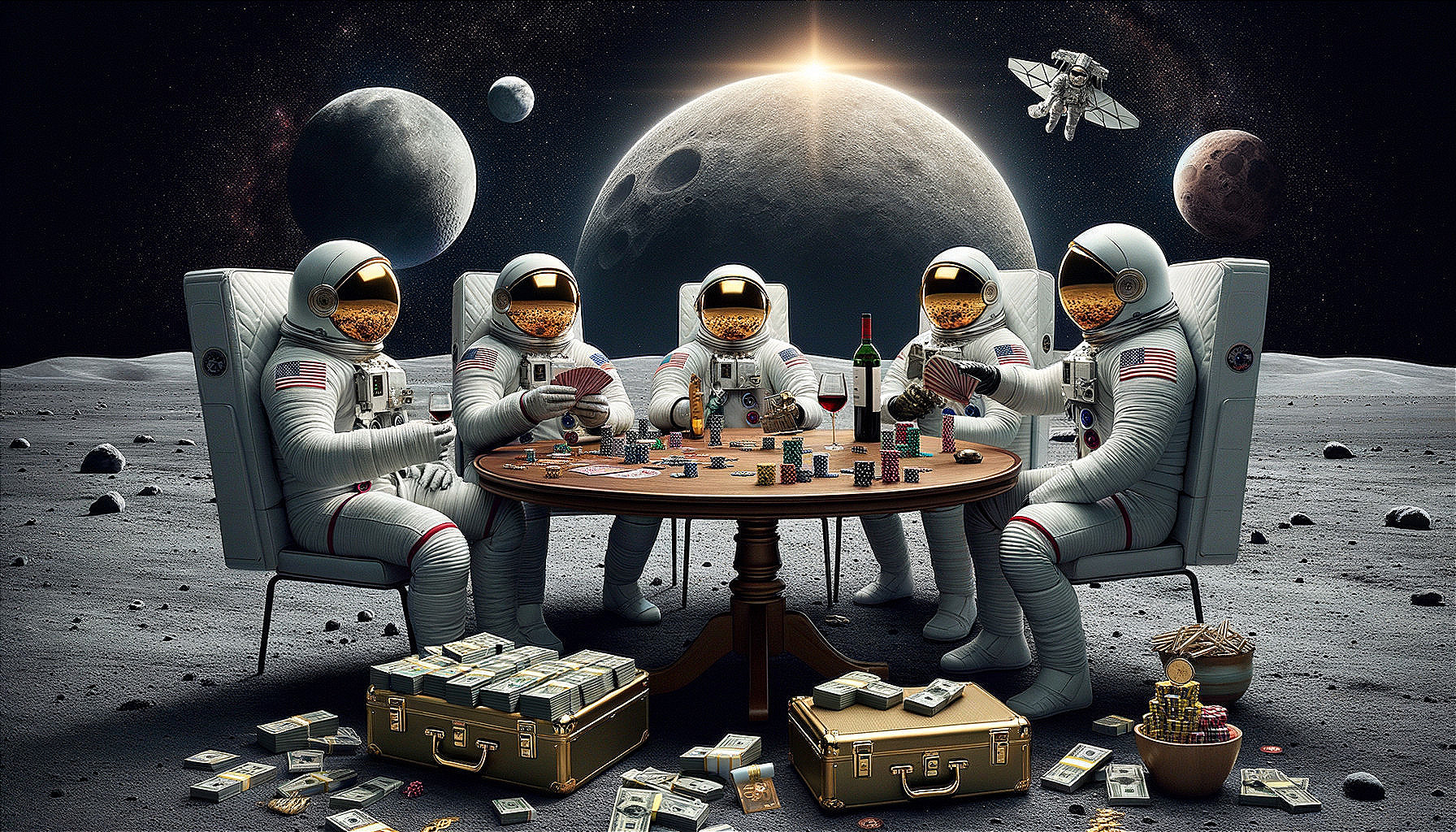 Astronauts Playing Poker at a Moon Table Setting
