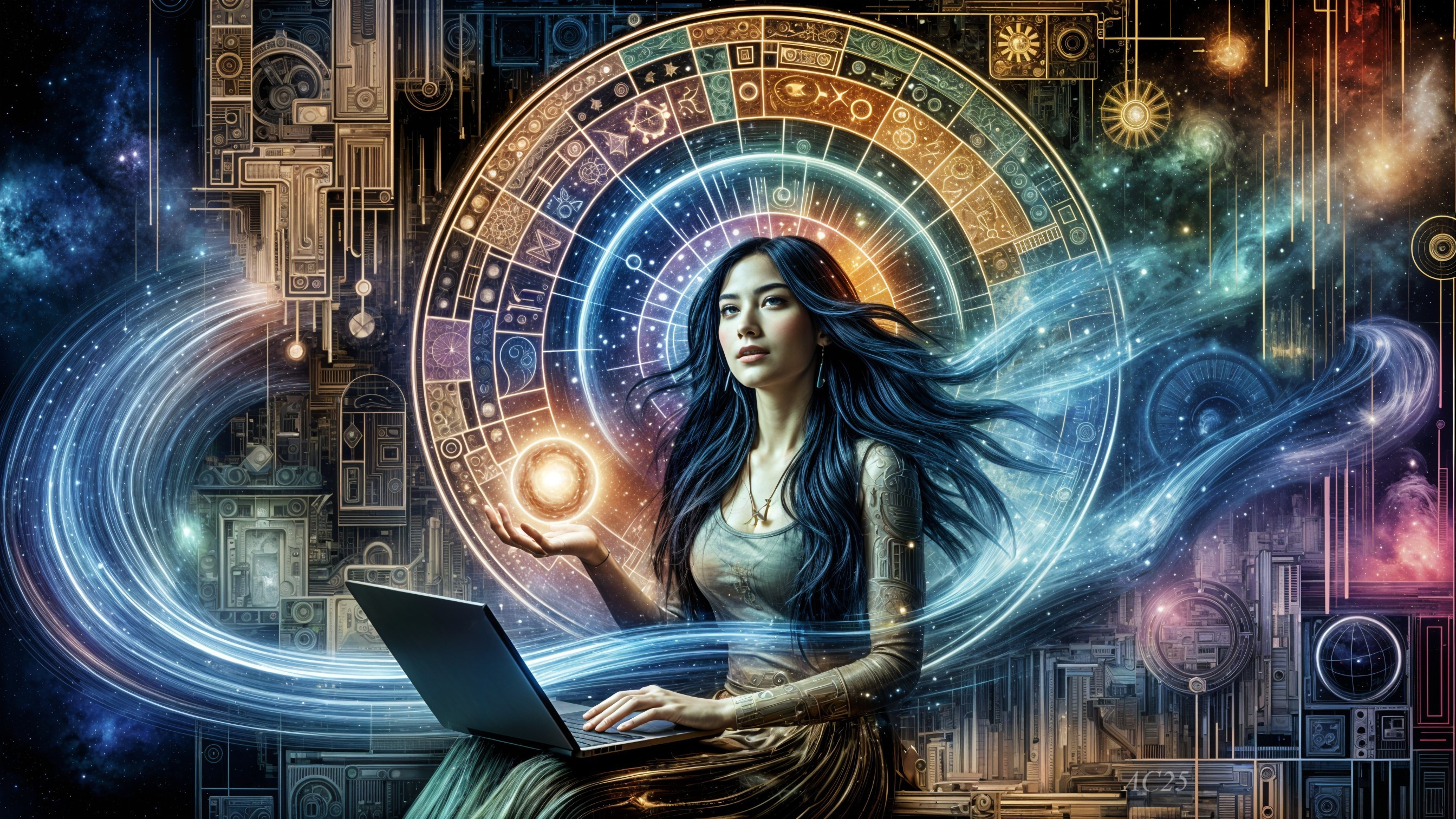 Woman with Black Hair at Laptop in Cosmic Setting