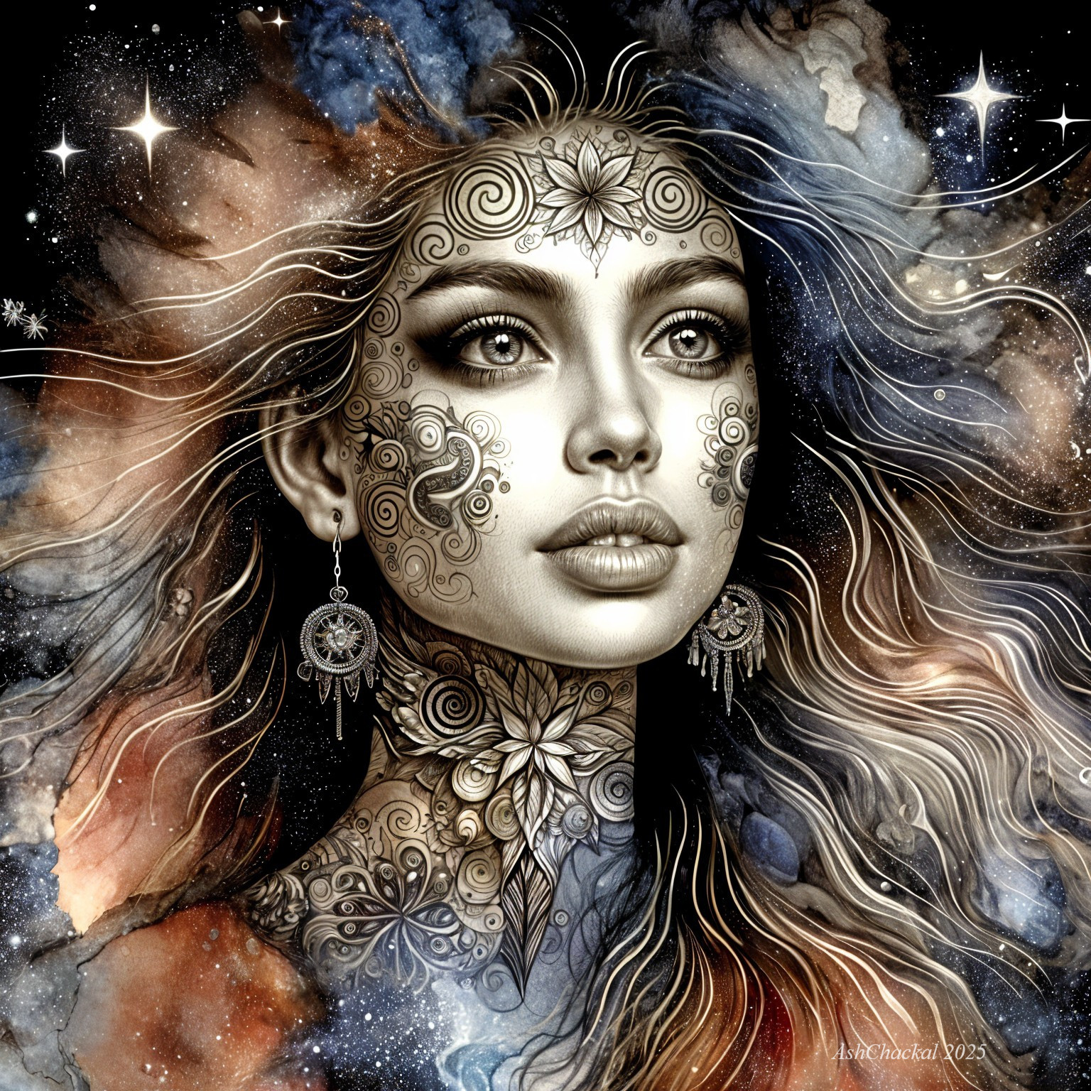 Portrait of a Woman with Nature and Celestial Patterns