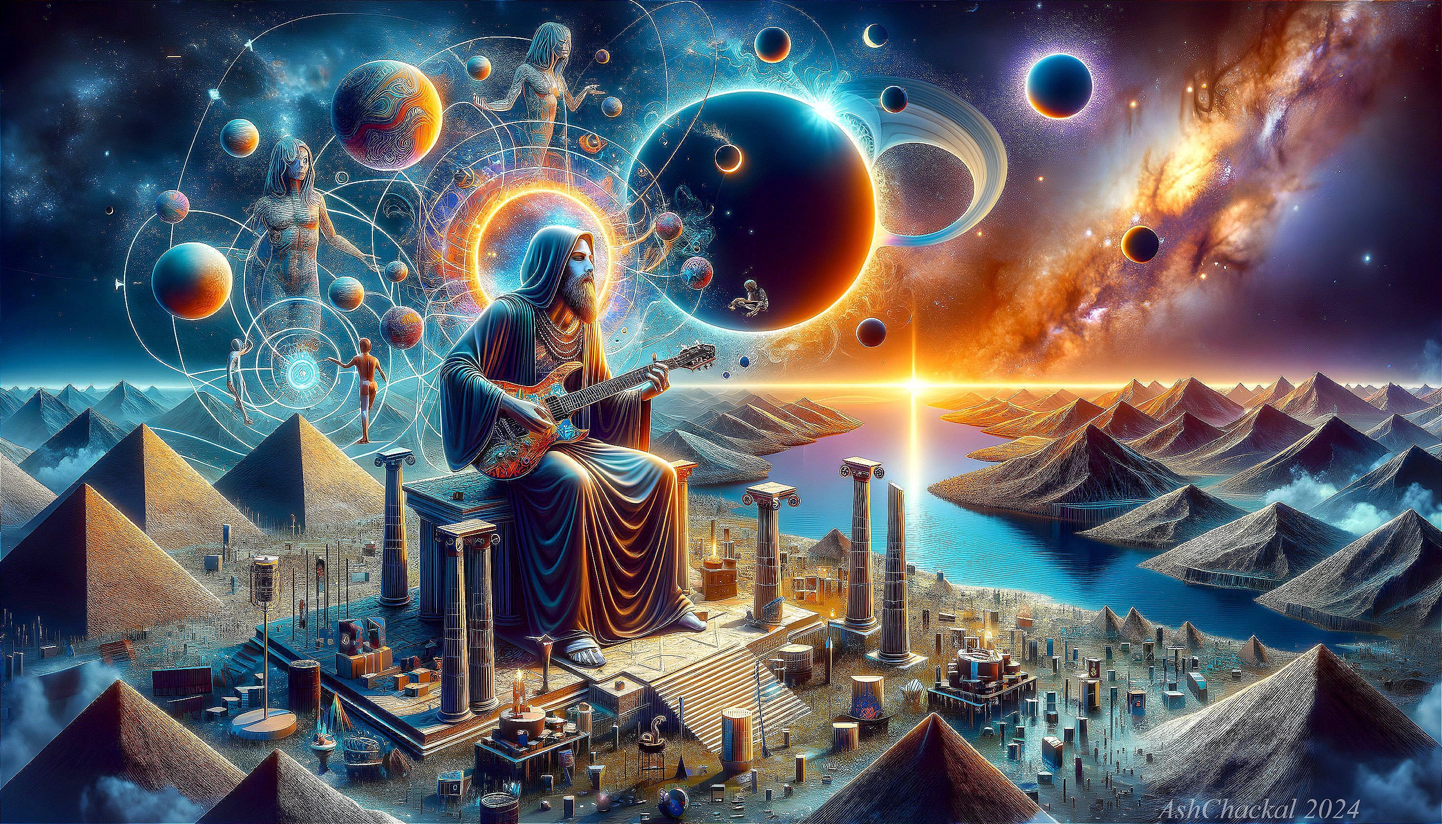 Celestial Scene with Guitarist and Cosmic Elements