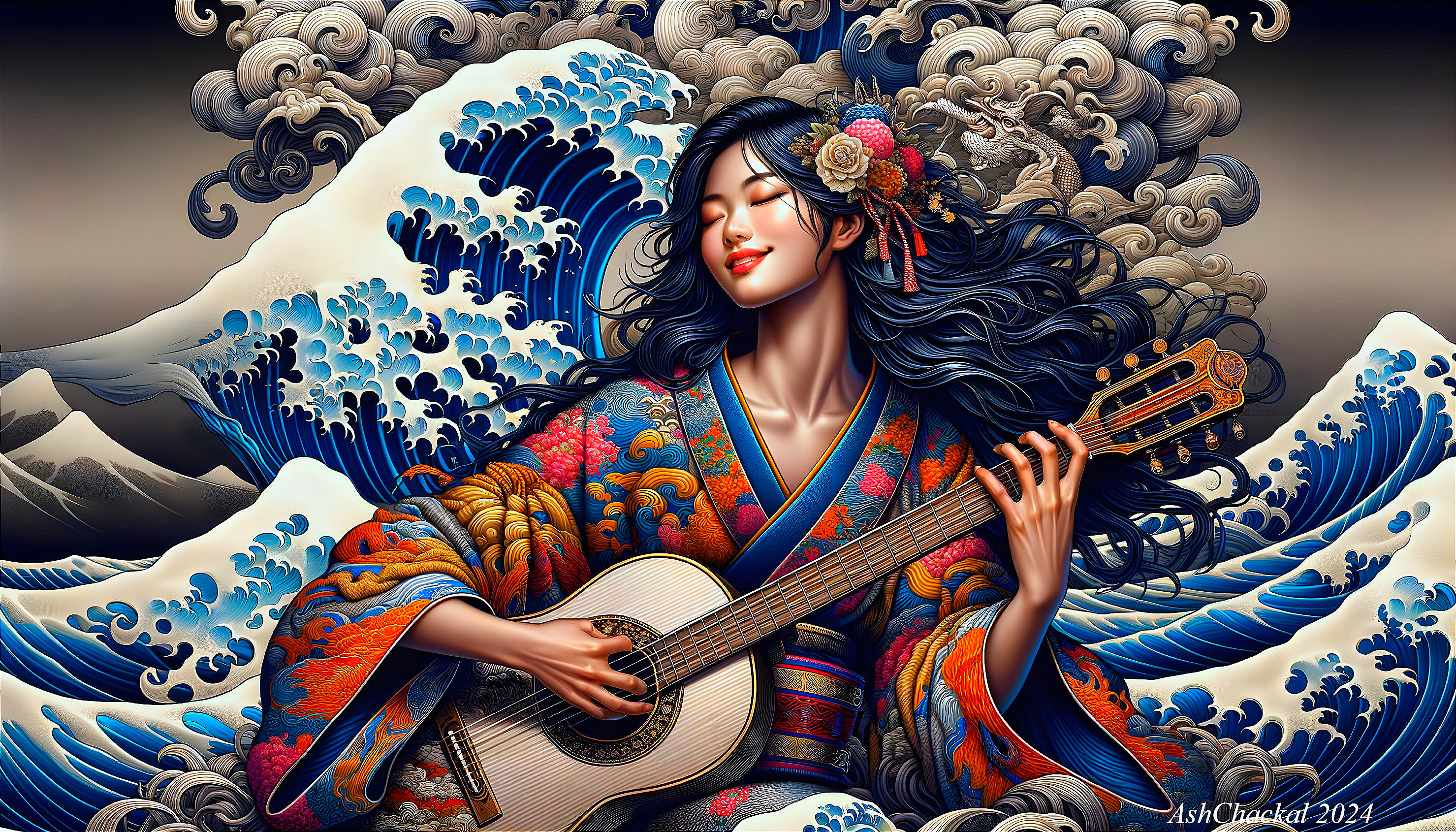 Stylized Woman in Kimono Playing Guitar Amid Waves