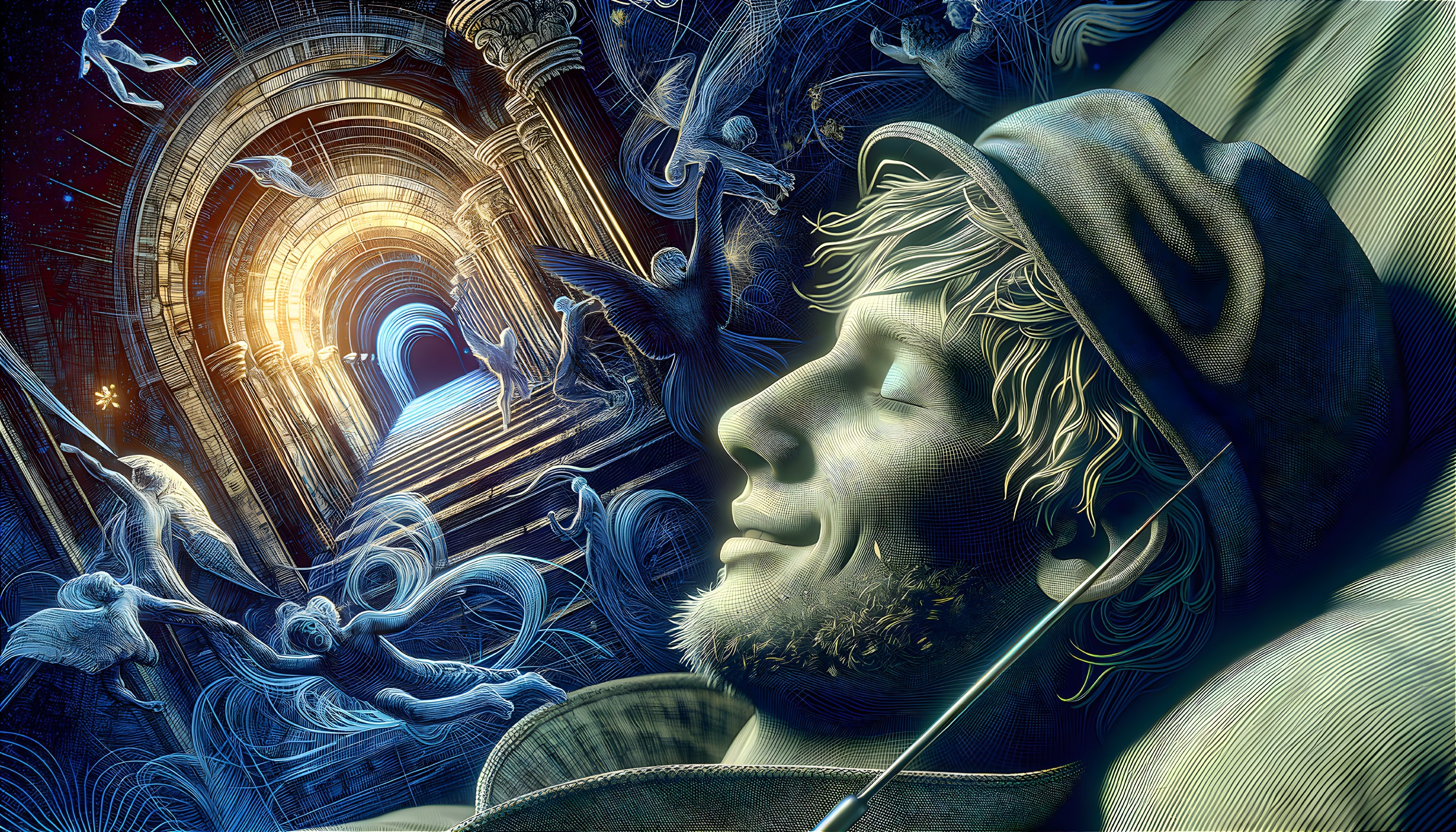 Digital artwork: Person in beanie resting with eyes closed against surreal background with blue swirls and illuminated