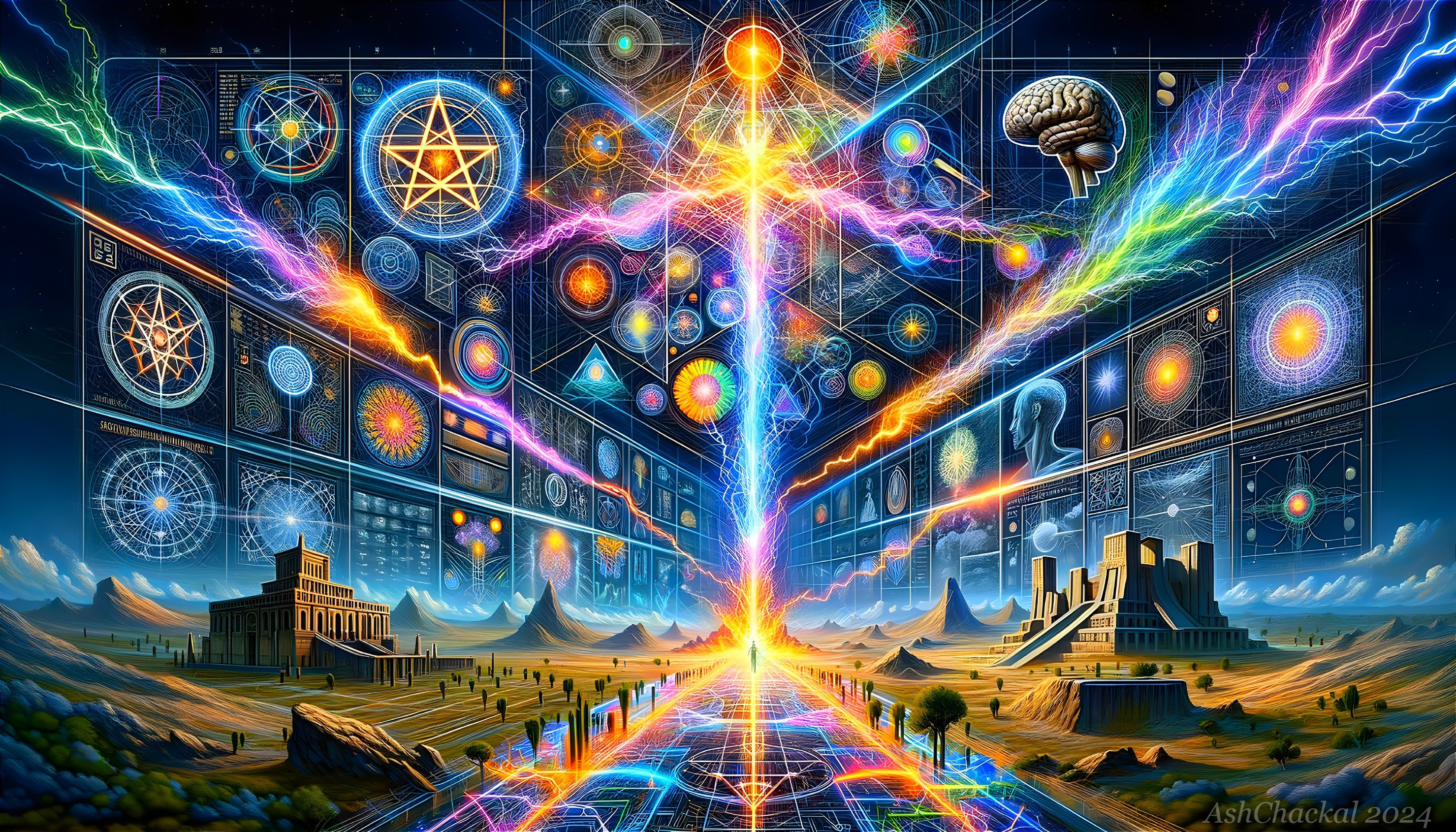 Psychedelic Illustration of Science, Nature, and Architecture