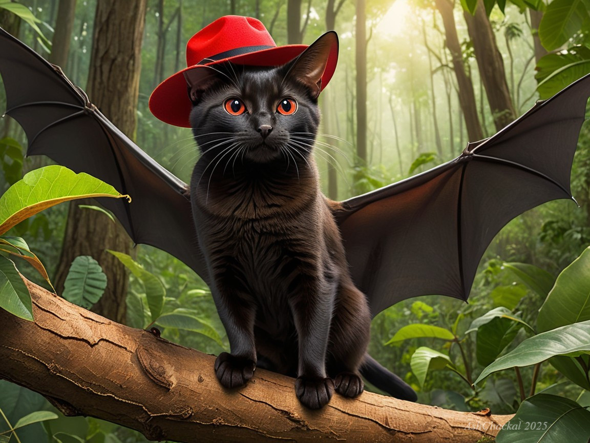 Black Cat with Orange Eyes and Bat Wings in Forest