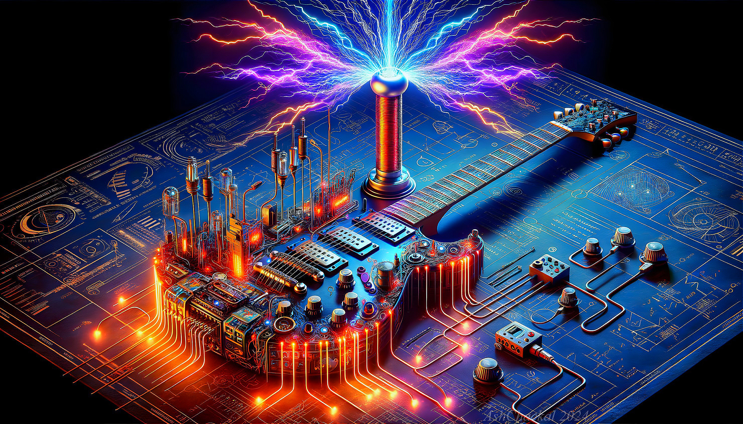 Electric Guitar with Futuristic Cityscape and Lights