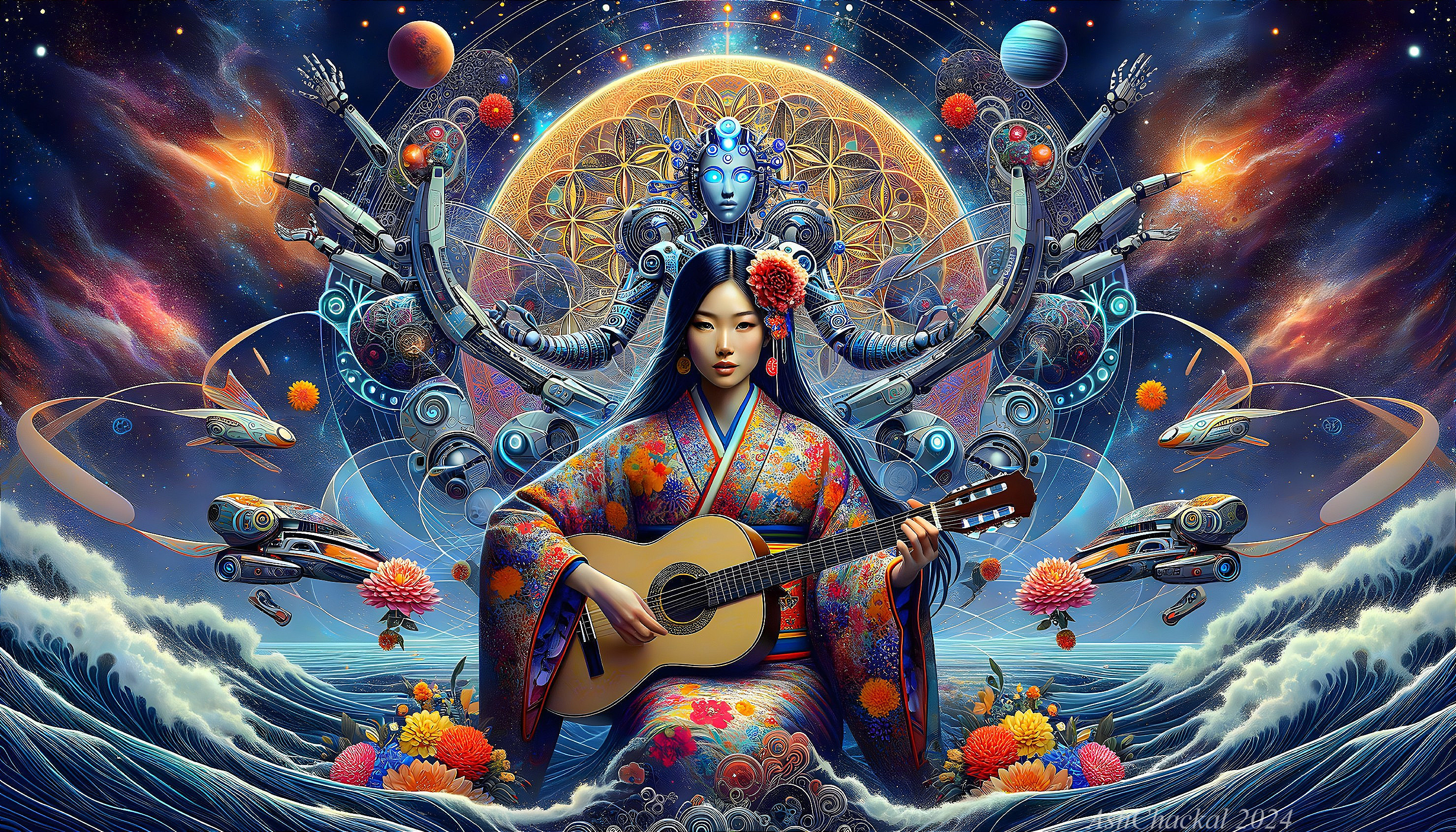 Serene figure in traditional attire with guitar in cosmos