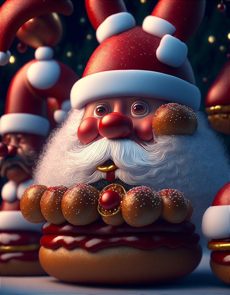 Whimsical 3D Illustration: Multiple Santas with Fast Food Elements on Festive Background