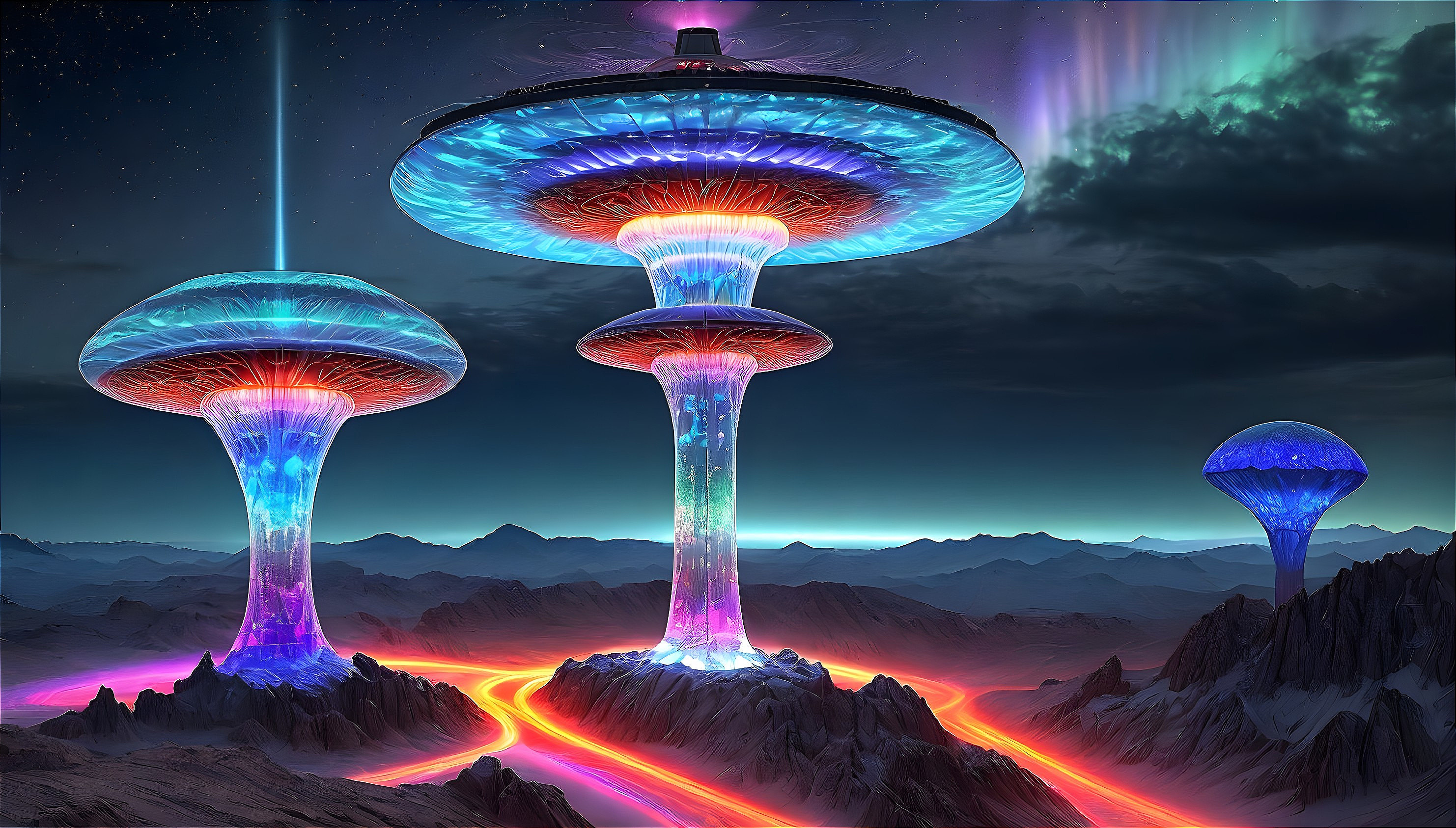 Three colossal alien spaceships with luminous beams over rugged landscape under starry sky.