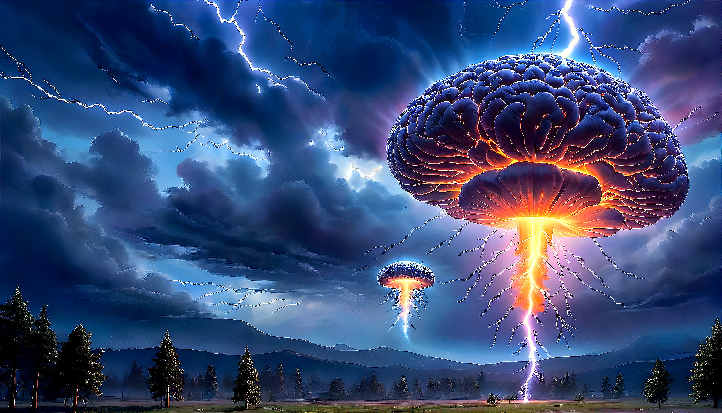 Artistic Lightning-Struck Mushroom Cloud Over Landscape