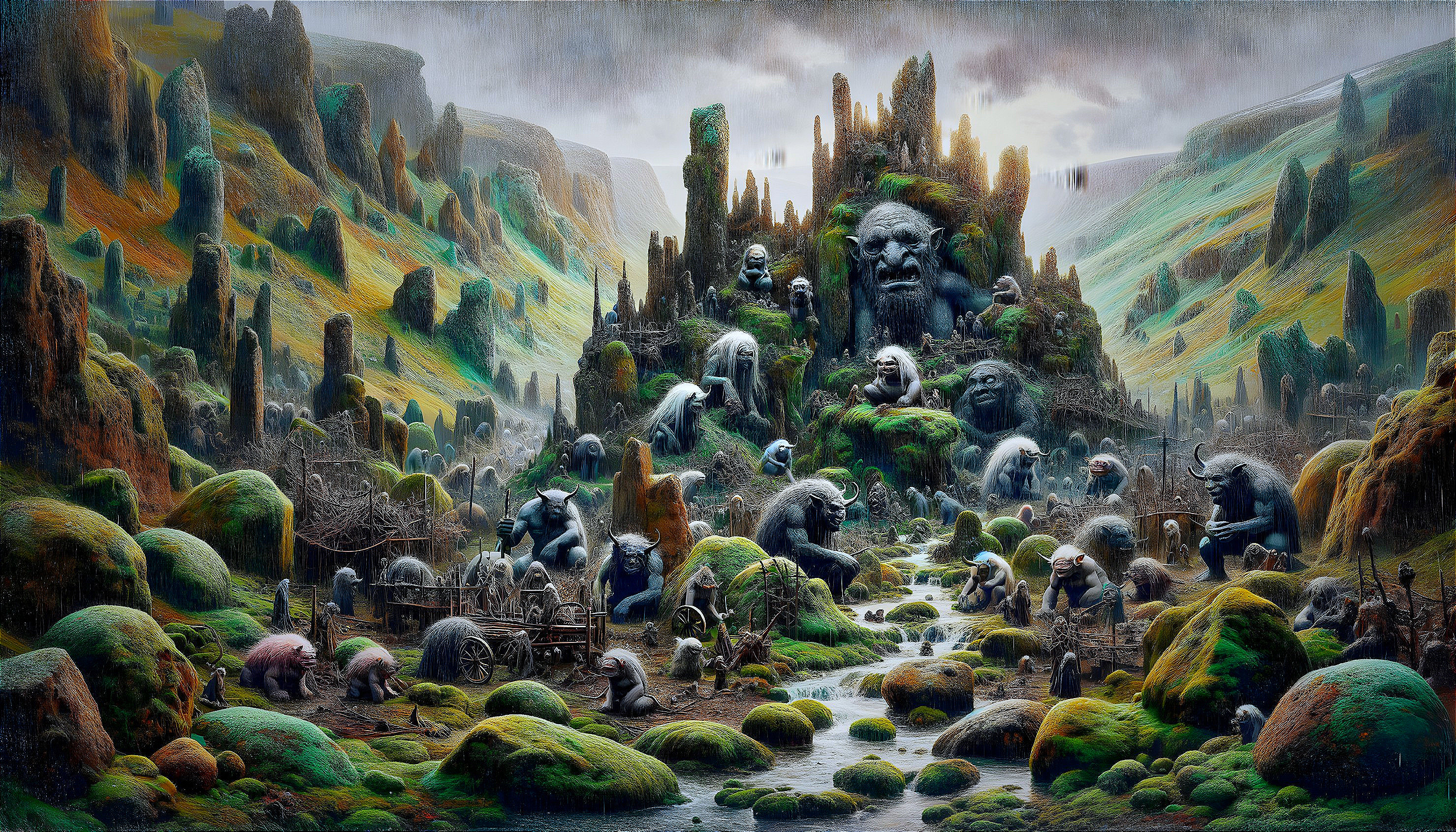 Fantasy Landscape with Mossy Rocks and Ancient Ruins