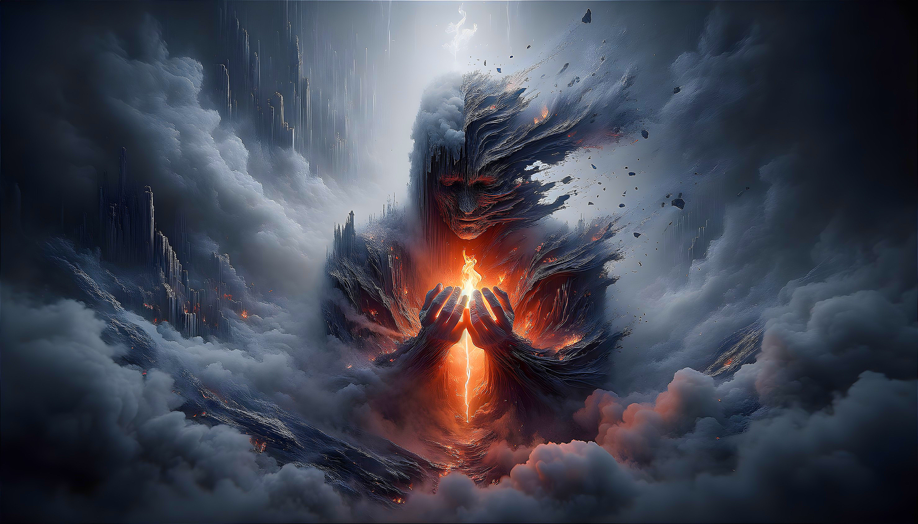 Giant Humanoid Structure Emerges from Clouds with Light