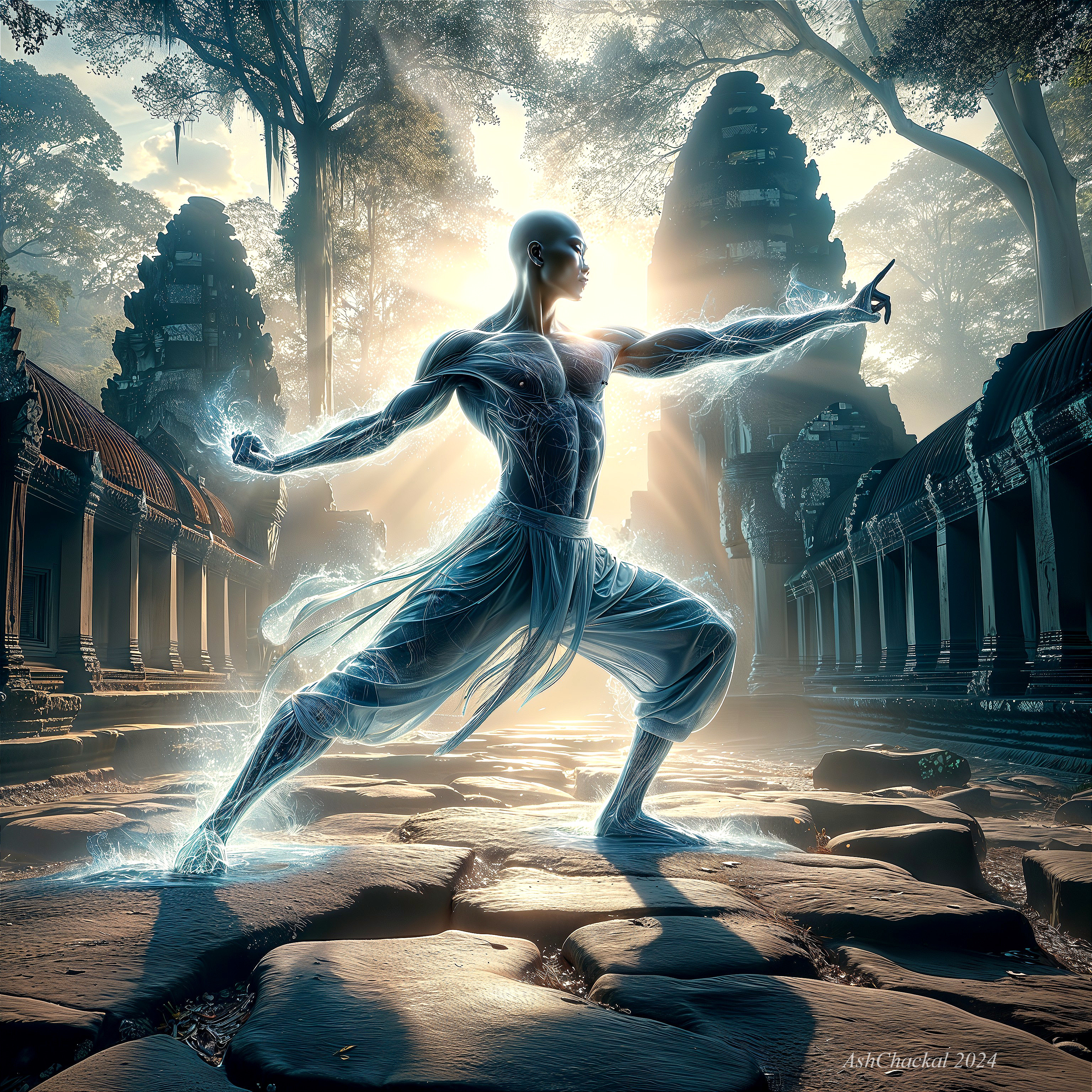 Mystical Figure in Ethereal Light Among Temple Ruins
