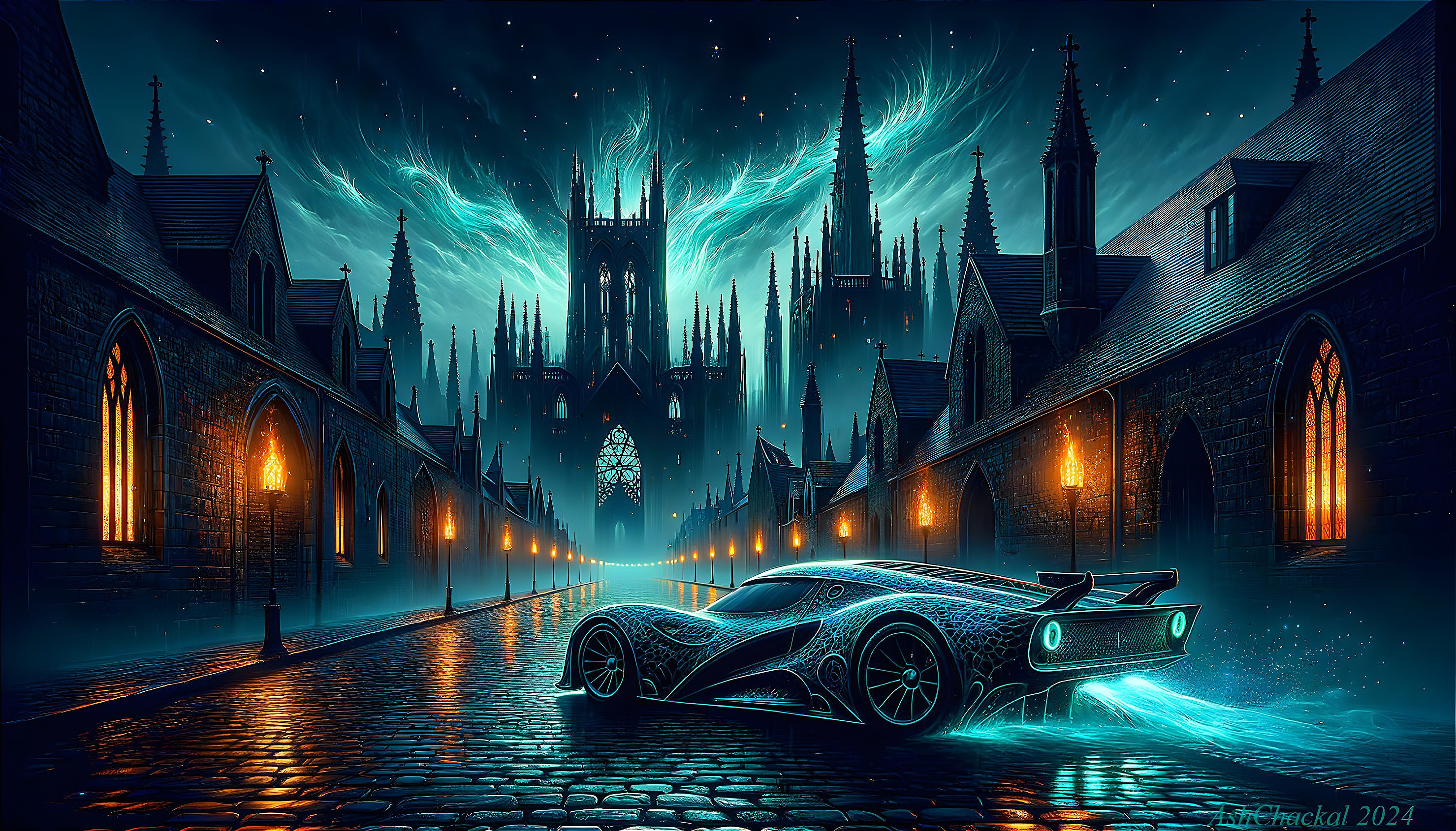 Futuristic Car on Gothic Street with Cathedral Background