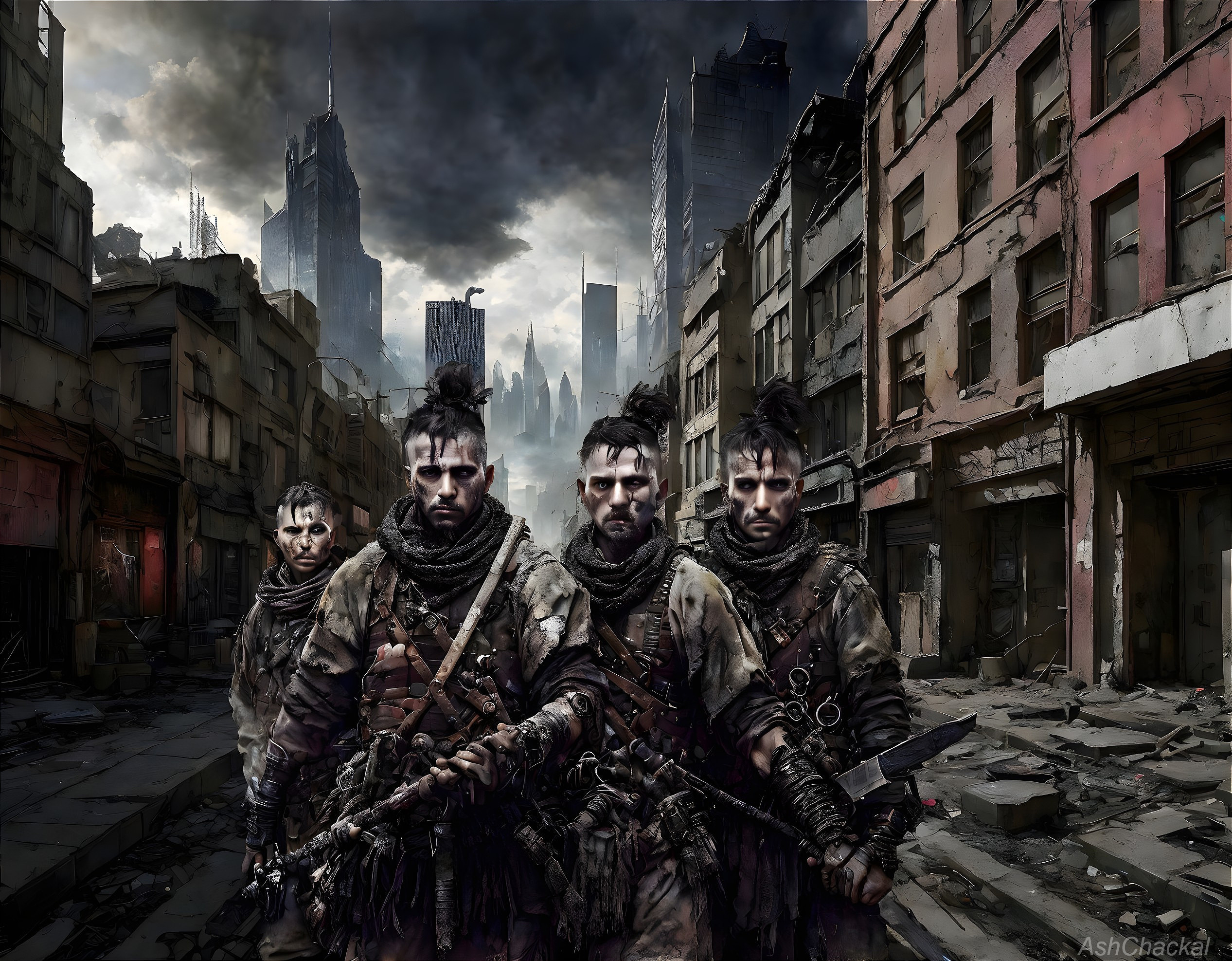 Post-apocalyptic urban wasteland with gritty survivors.