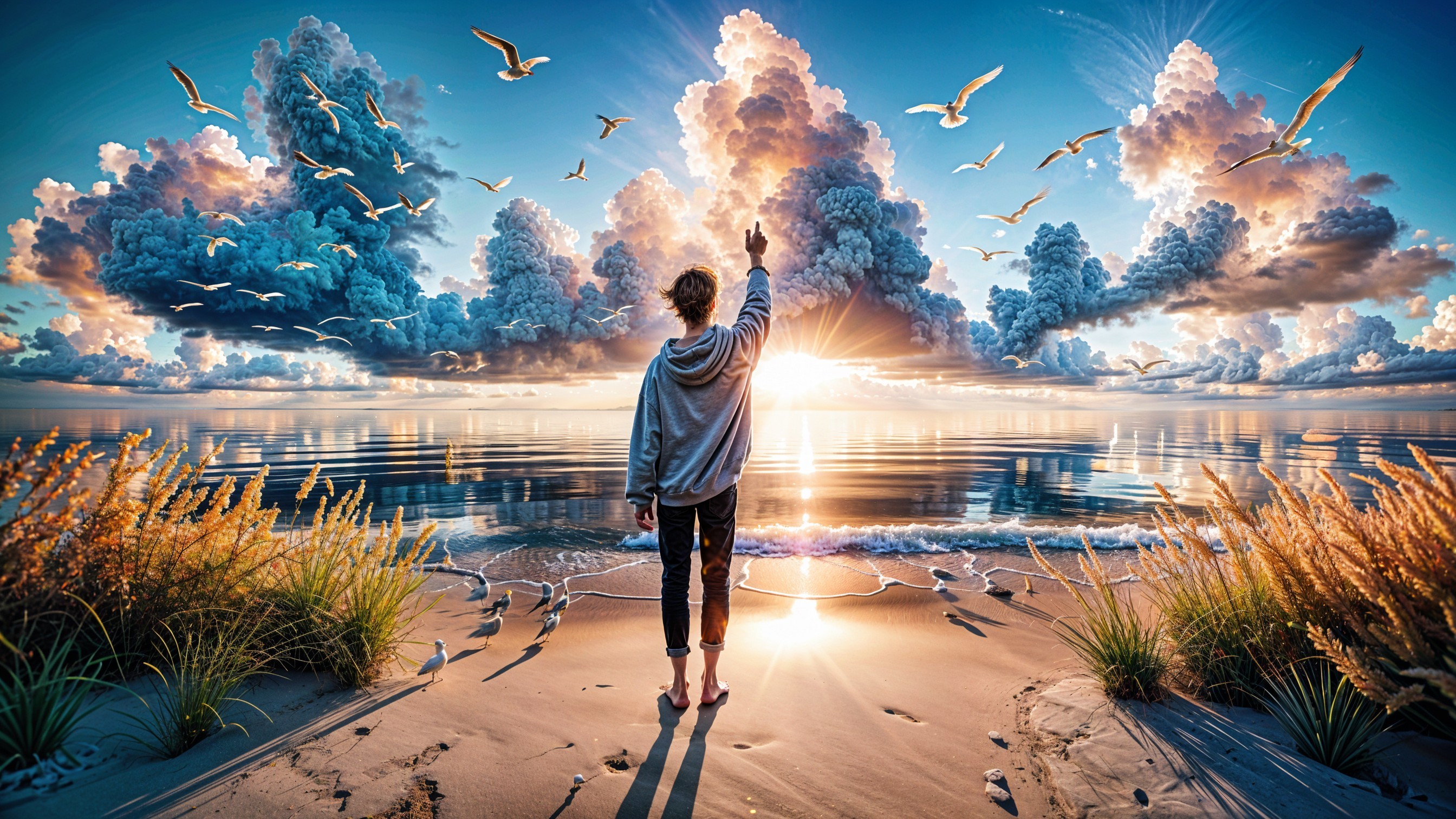 Serene Beach Scene with Sunset and Seagulls