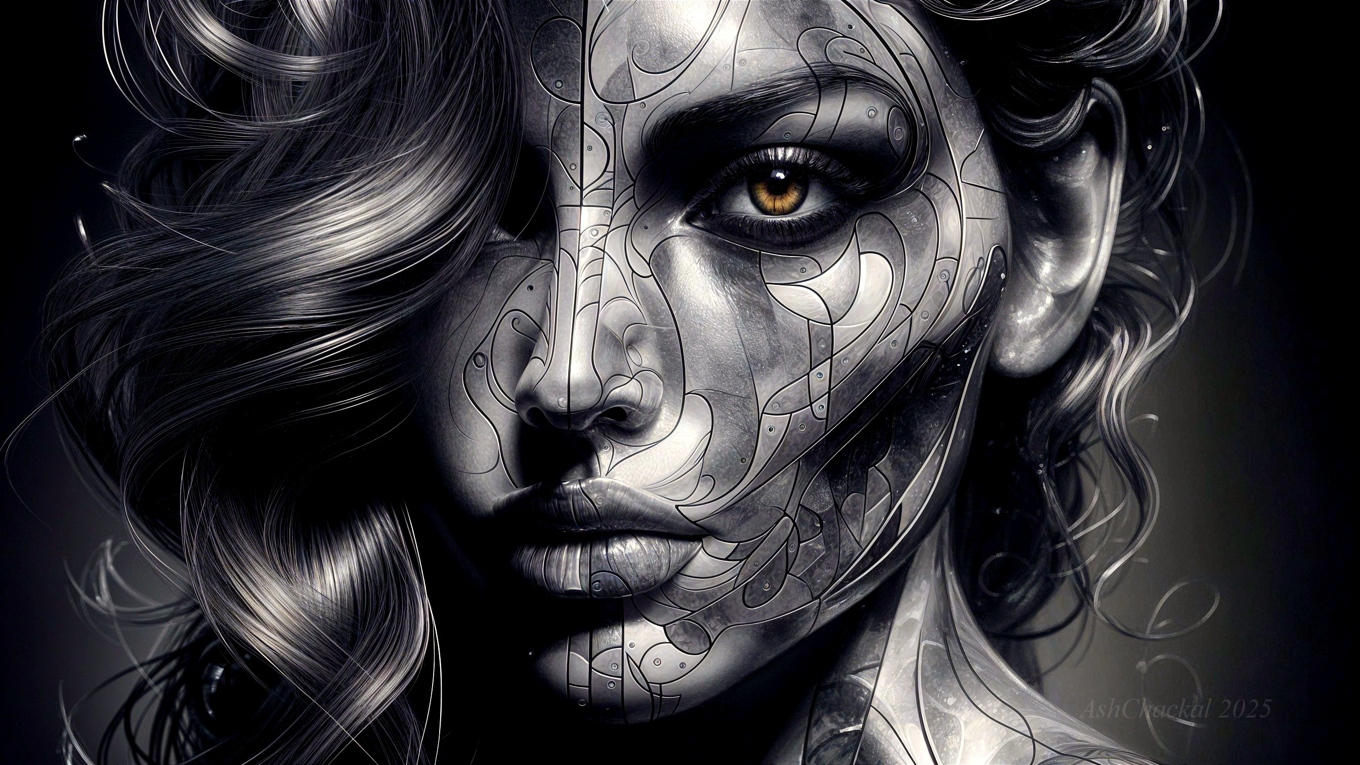 Portrait of a woman with metallic patterns and glowing eye