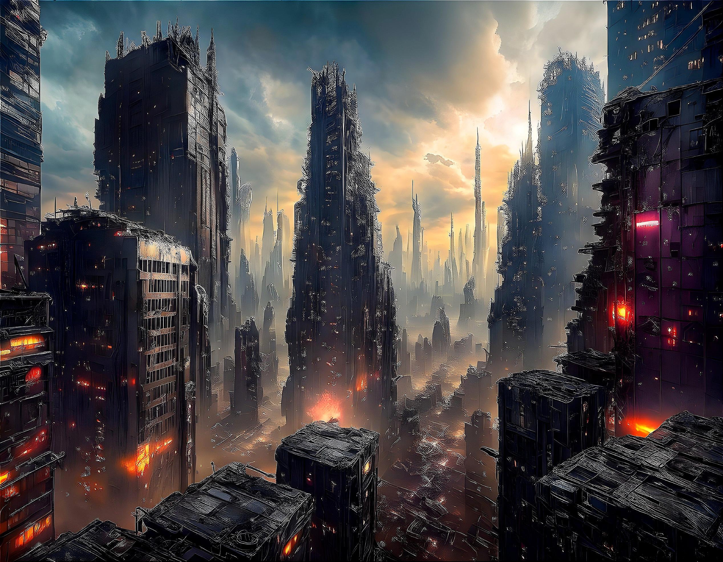 Dystopian cityscape with towering skyscrapers and neon lights