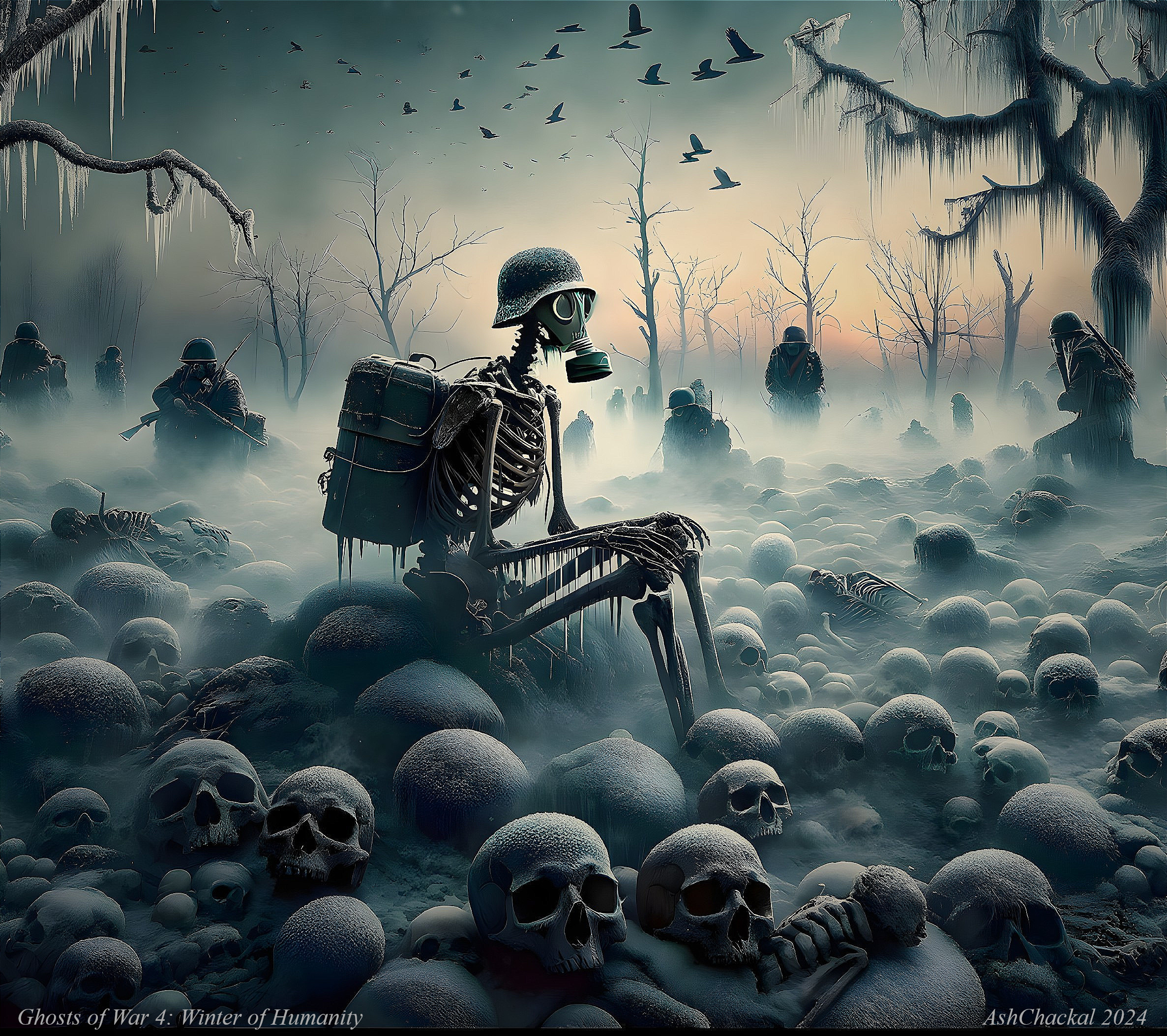 Haunting Battlefield with Skeletal Soldier and Fog