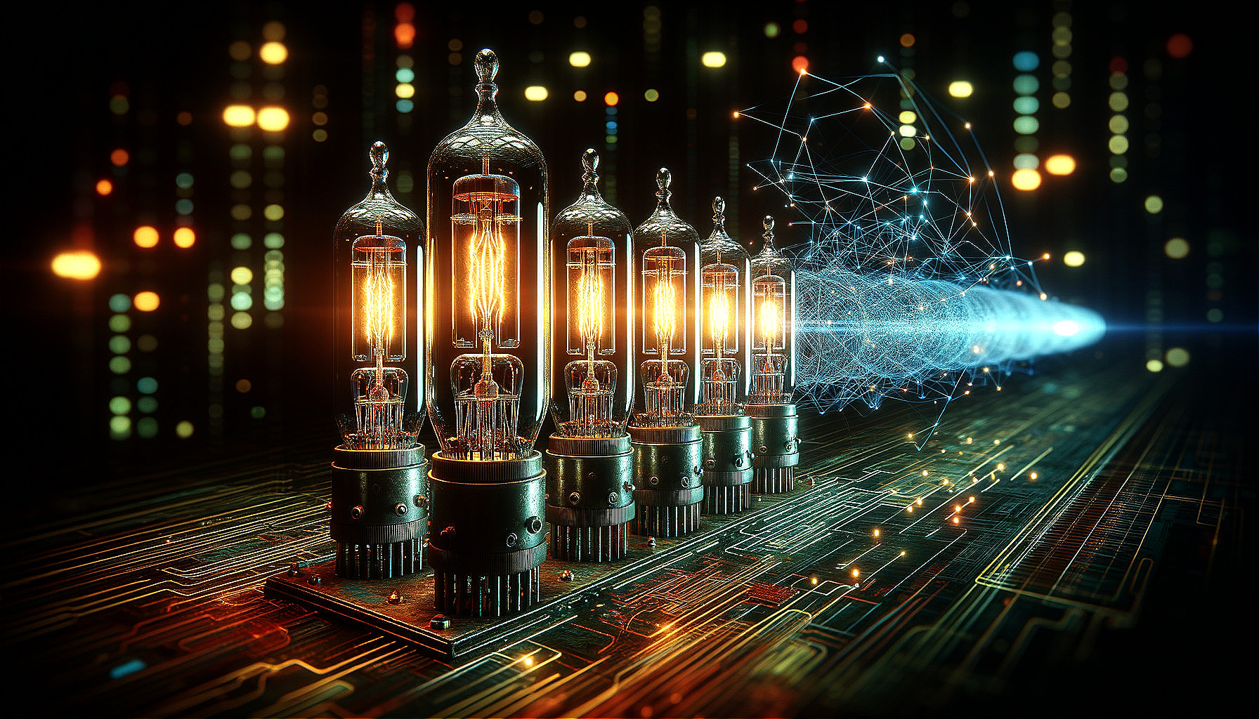 Vintage vacuum tubes on circuit board with cityscape background symbolizing technology fusion