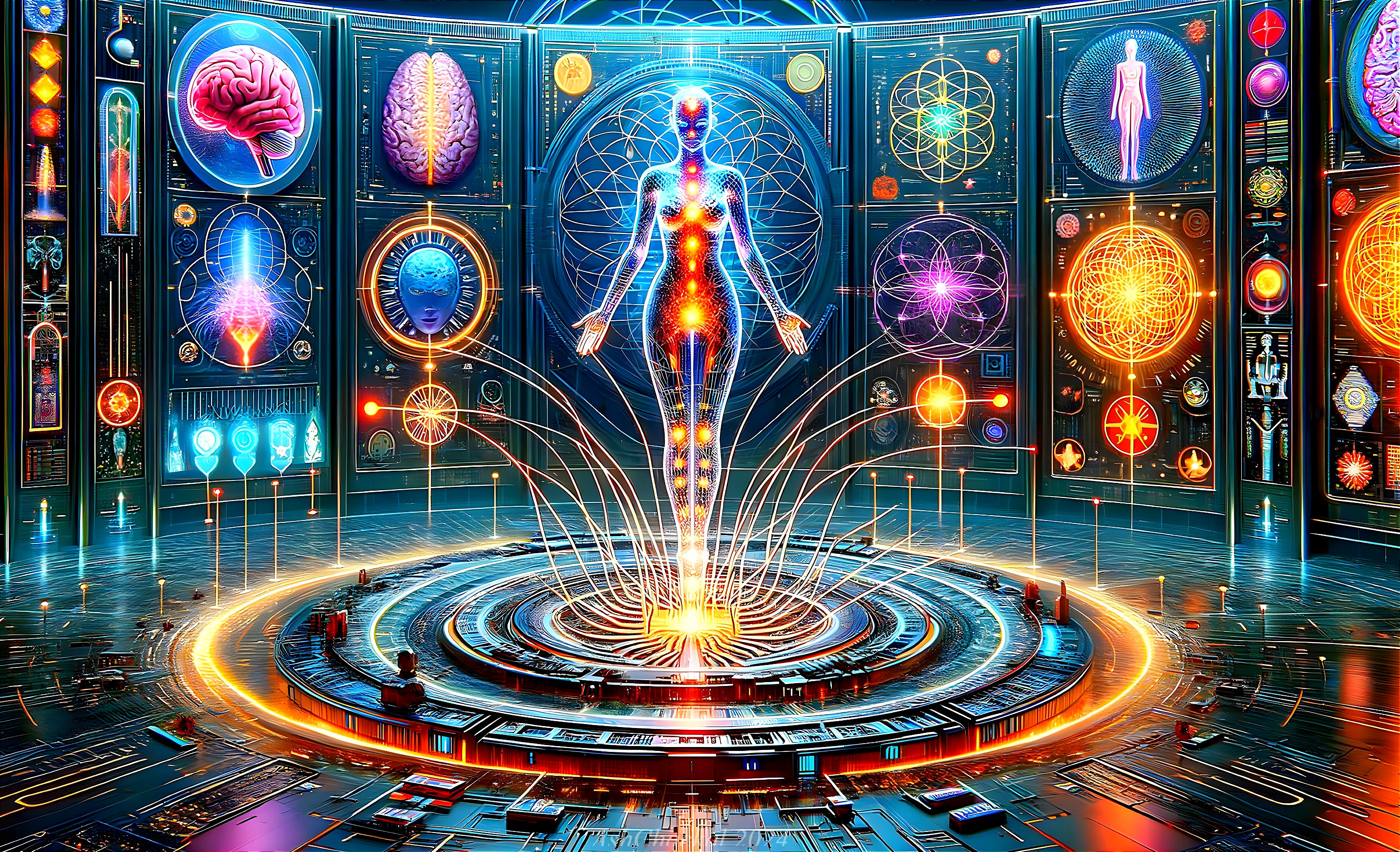 Futuristic Scene with Glowing Humanoid and Holograms