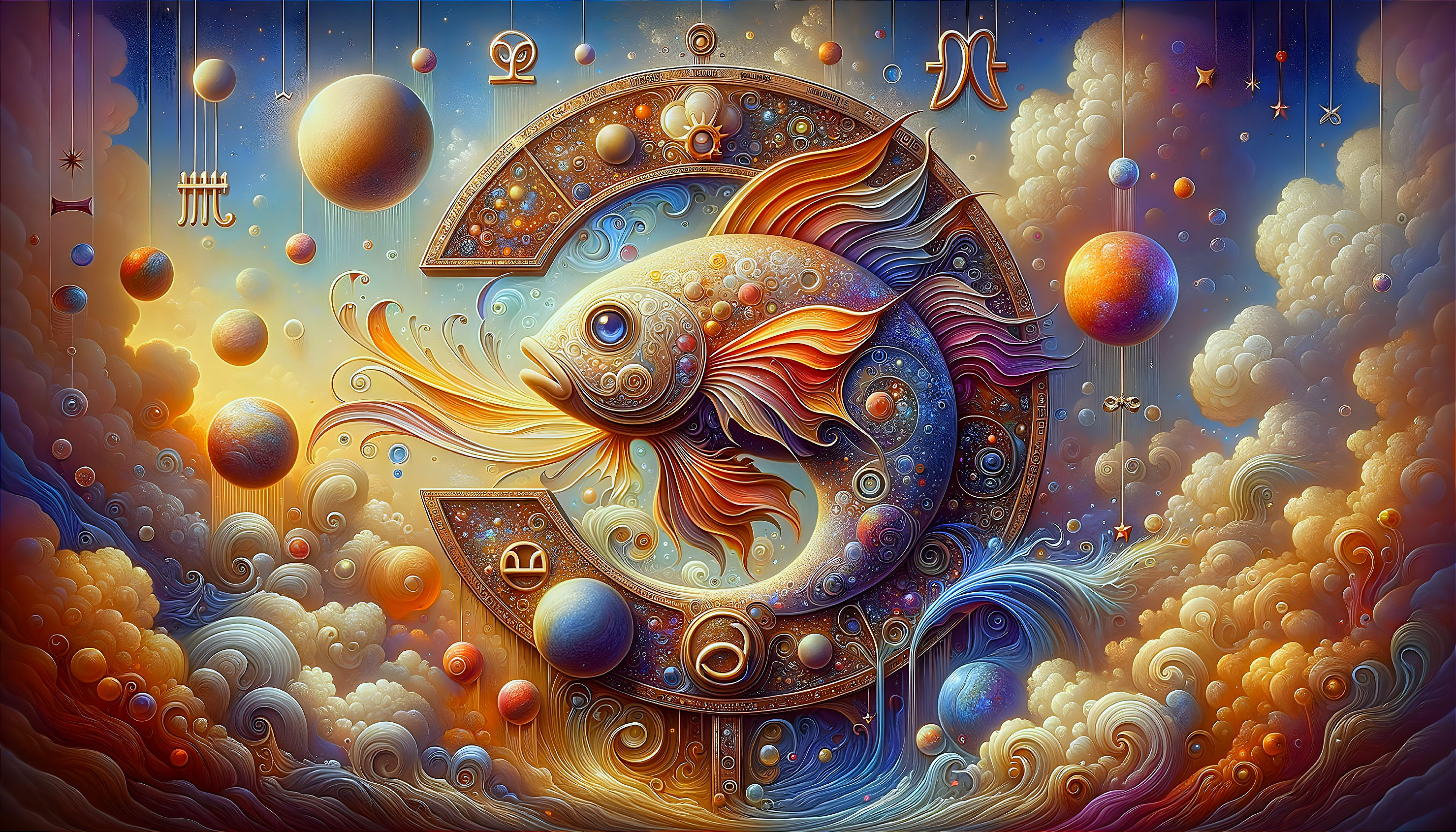 Surreal Fish Among Celestial Bodies and Patterns