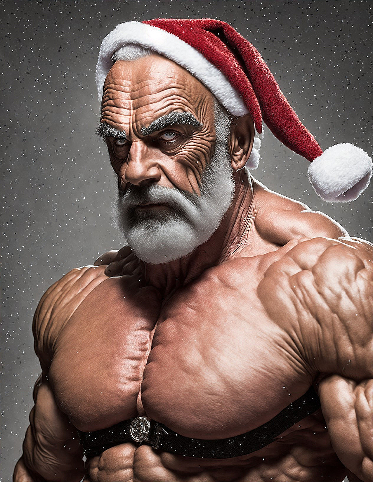 Muscular Man with White Beard in Santa Hat and Belt on Grey Background