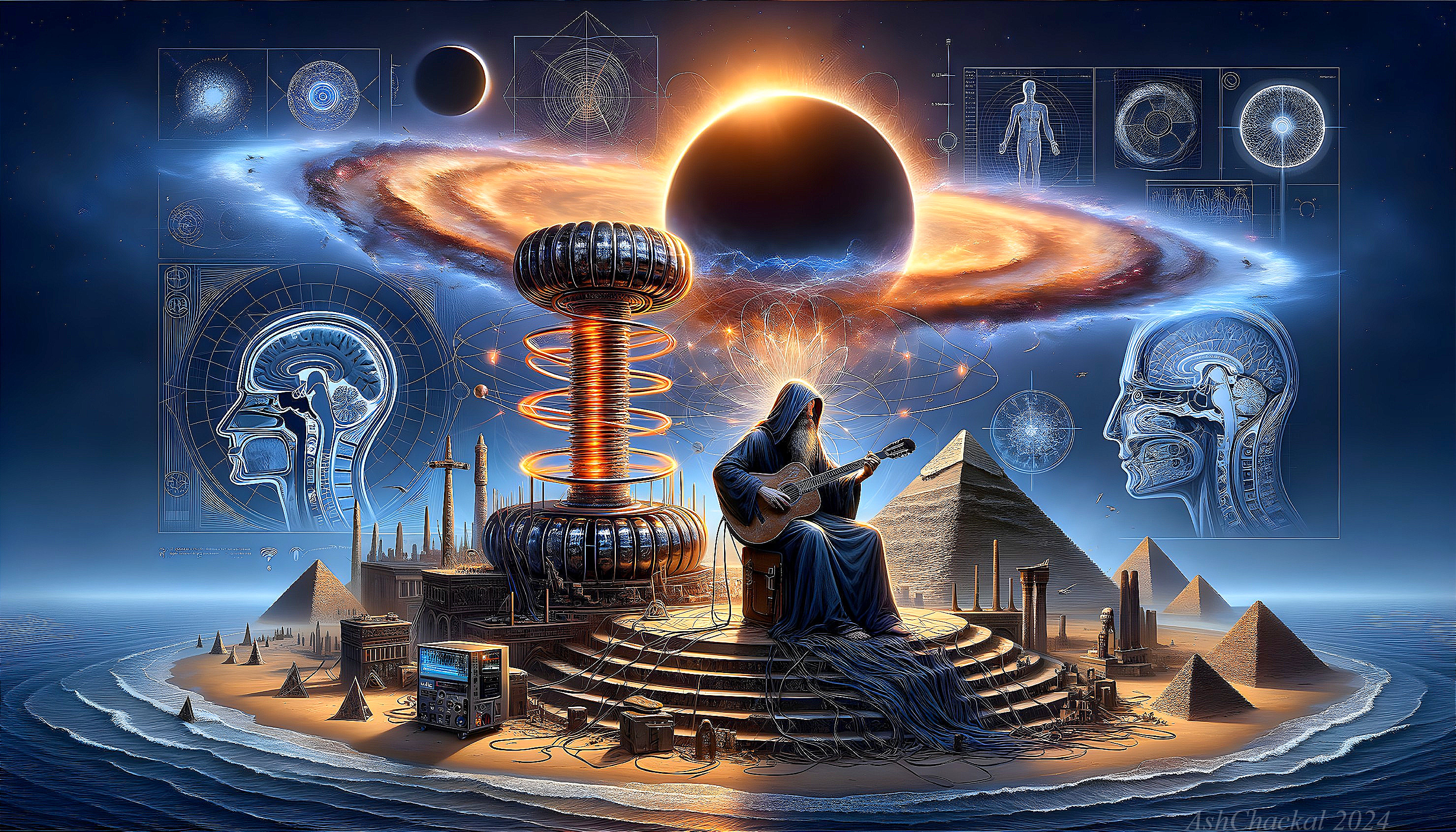 Cloaked Figure with Guitar on Glowing Platform in Space
