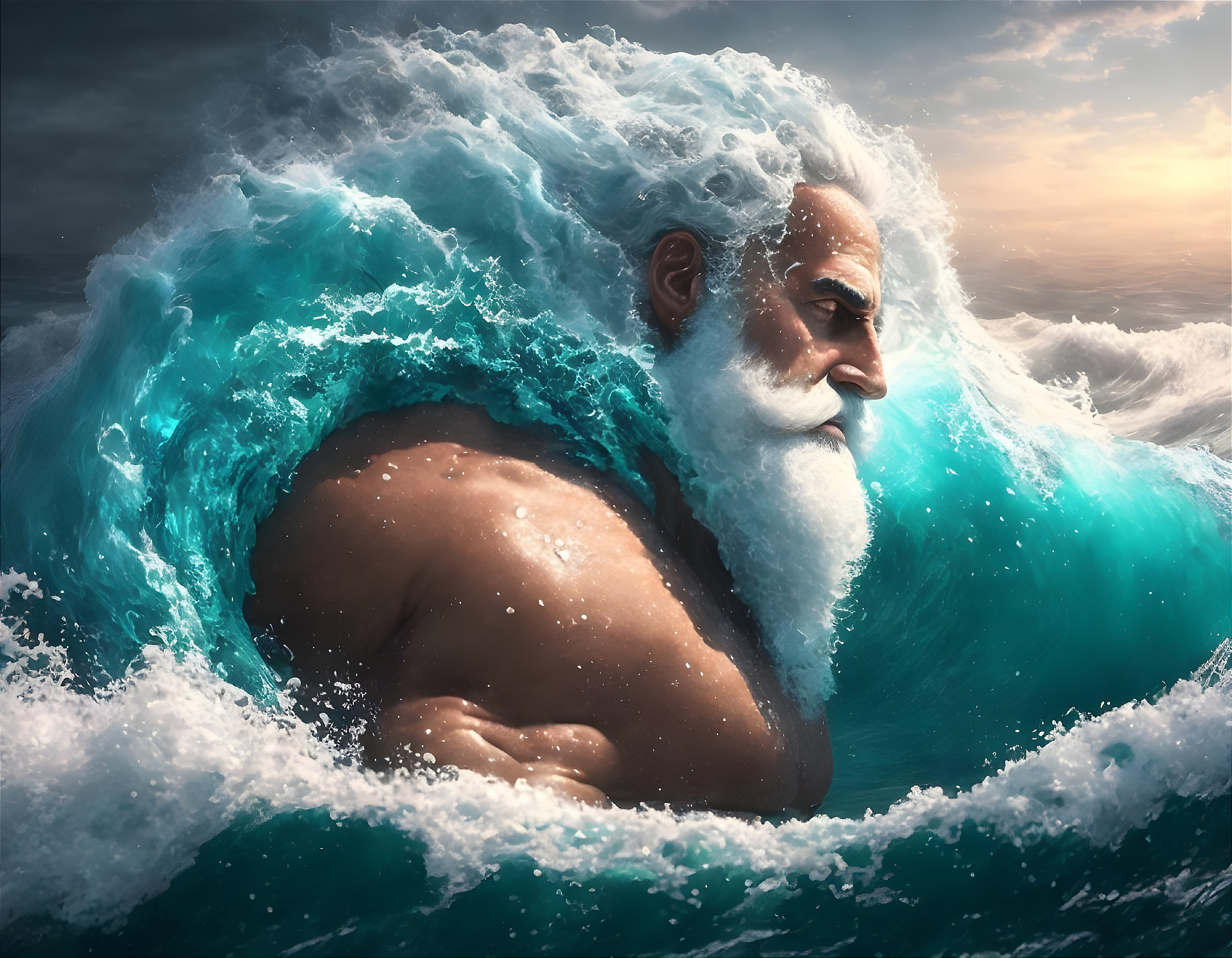 White-bearded elder man rising from ocean wave embodies sea's power.