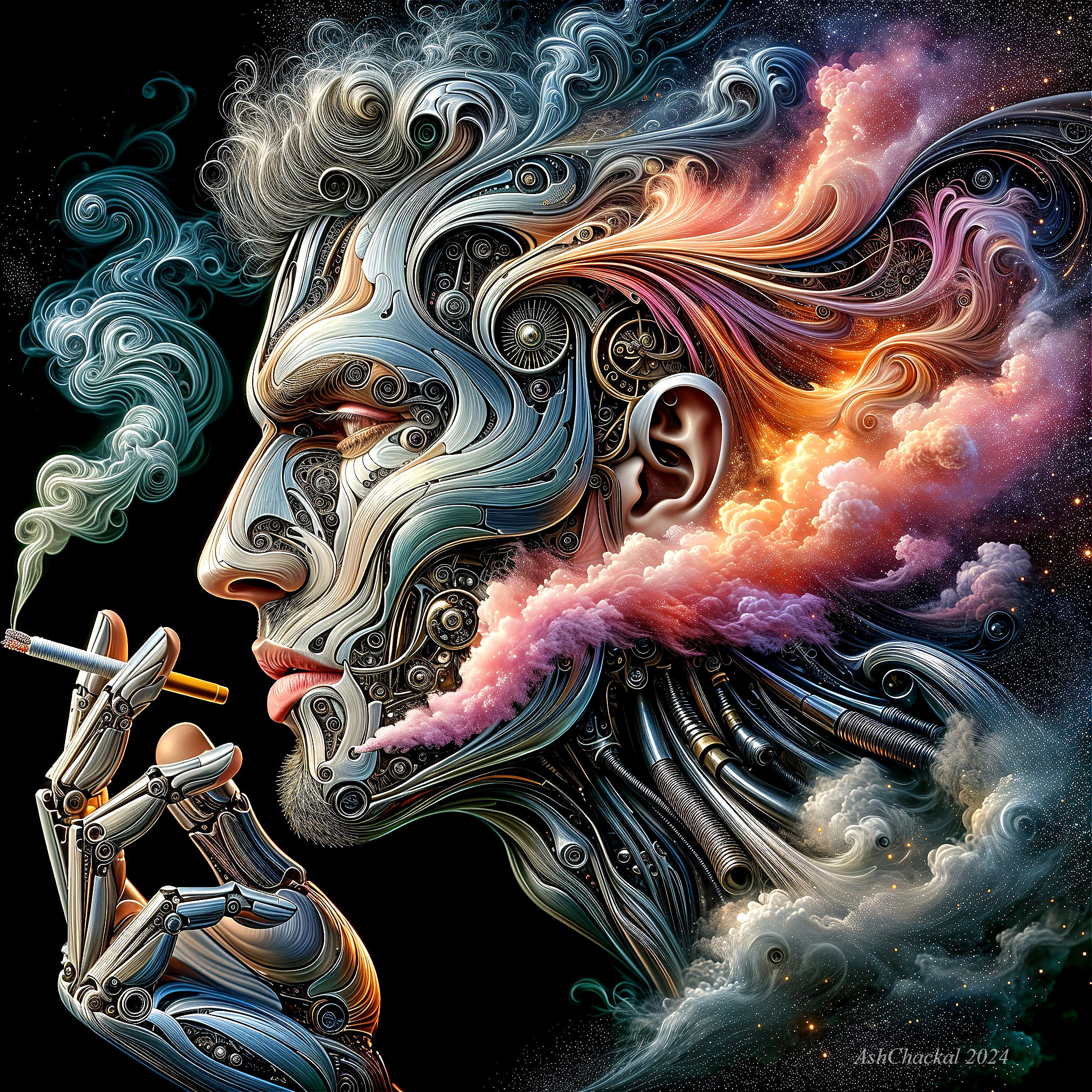 Abstract Human Profile with Mechanical Elements and Colors