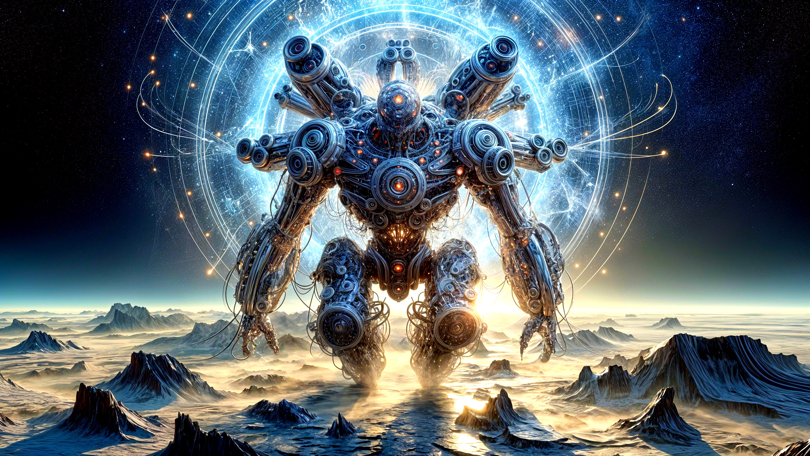 Futuristic Robot in Cosmic Alien Landscape